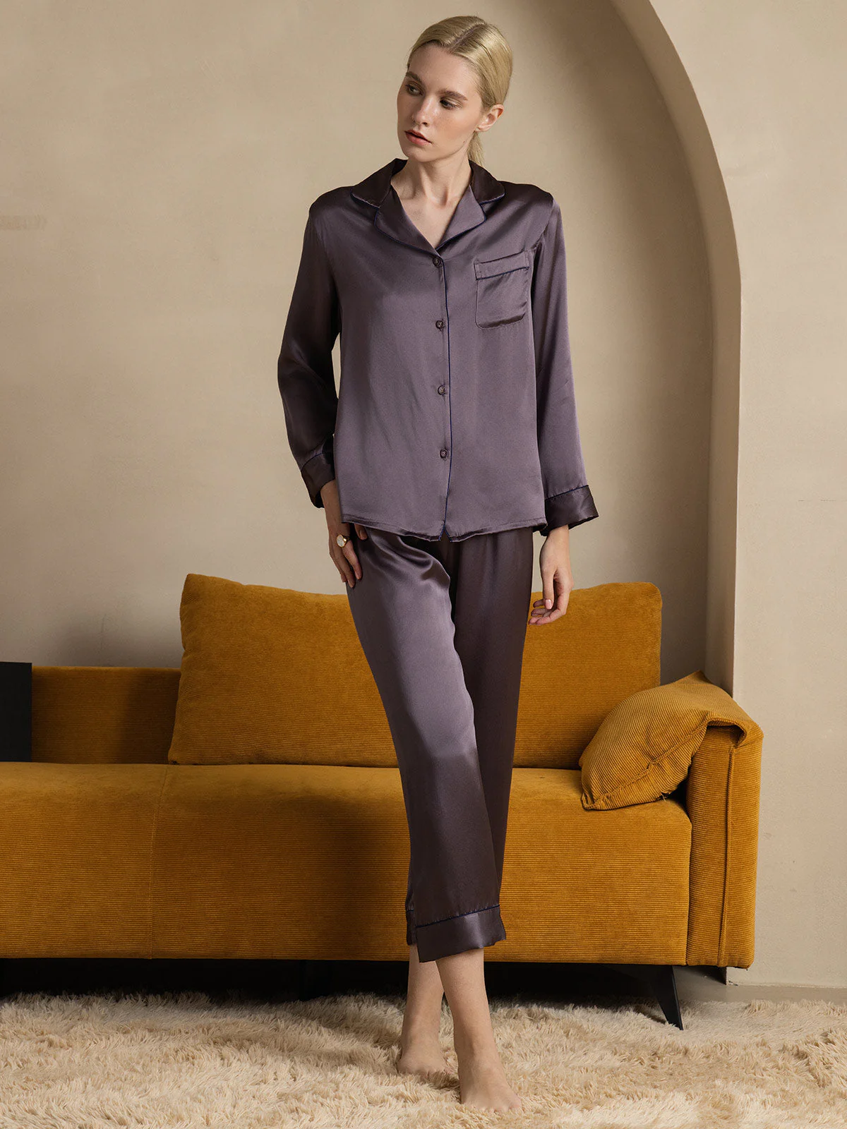 Women's Pure Silk Long Sleeve Button Up Pyjamas Set - Image 50