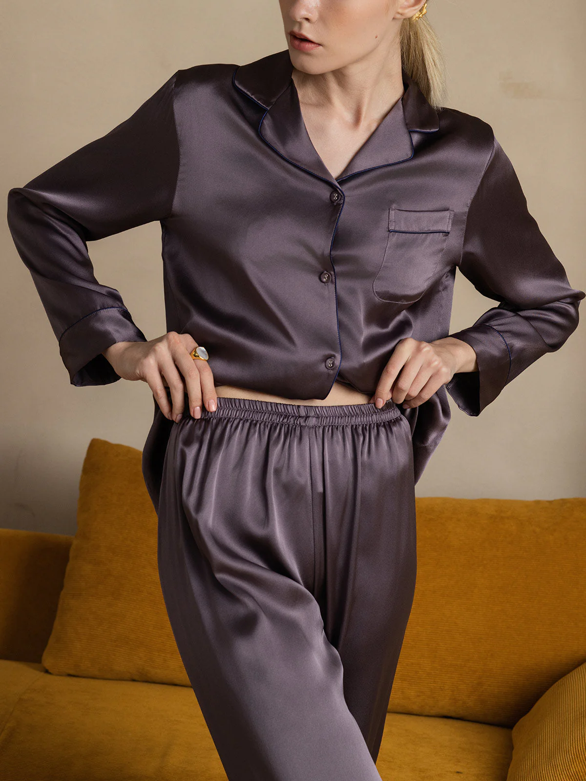Women's Pure Silk Long Sleeve Button Up Pyjamas Set - Image 51
