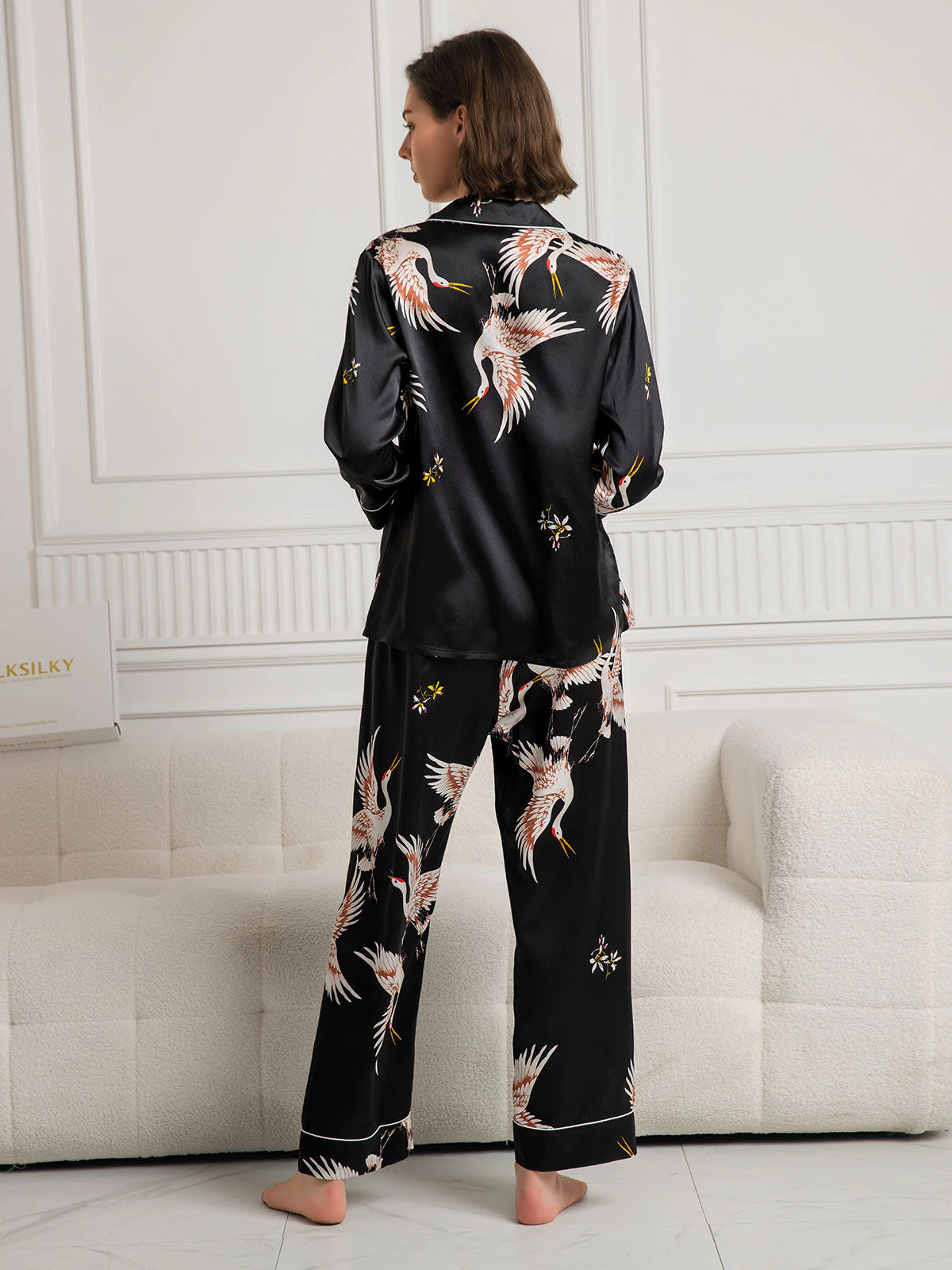 19Momme Women's Pure Silk Crane Print Long Sleeve Notch Collar Pyjamas Set - Image 29