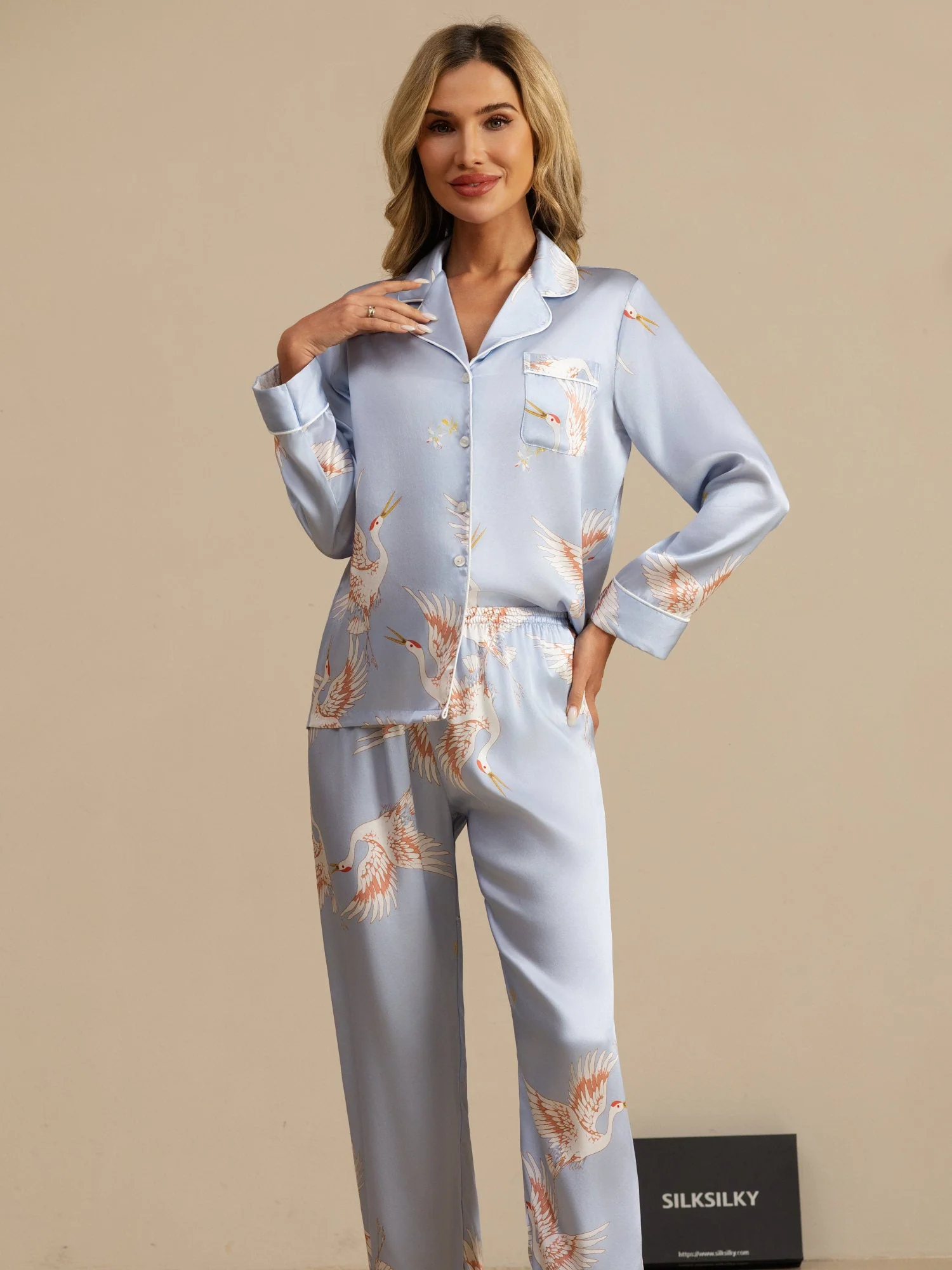 19Momme Women's Pure Silk Crane Print Long Sleeve Notch Collar Pyjamas Set - Image 45