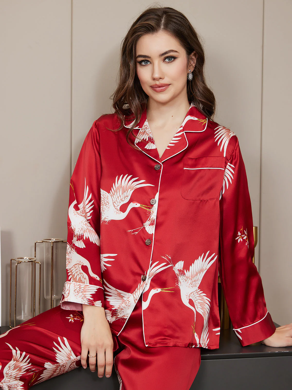 19Momme Women's Pure Silk Crane Print Long Sleeve Notch Collar Pyjamas Set - Image 5