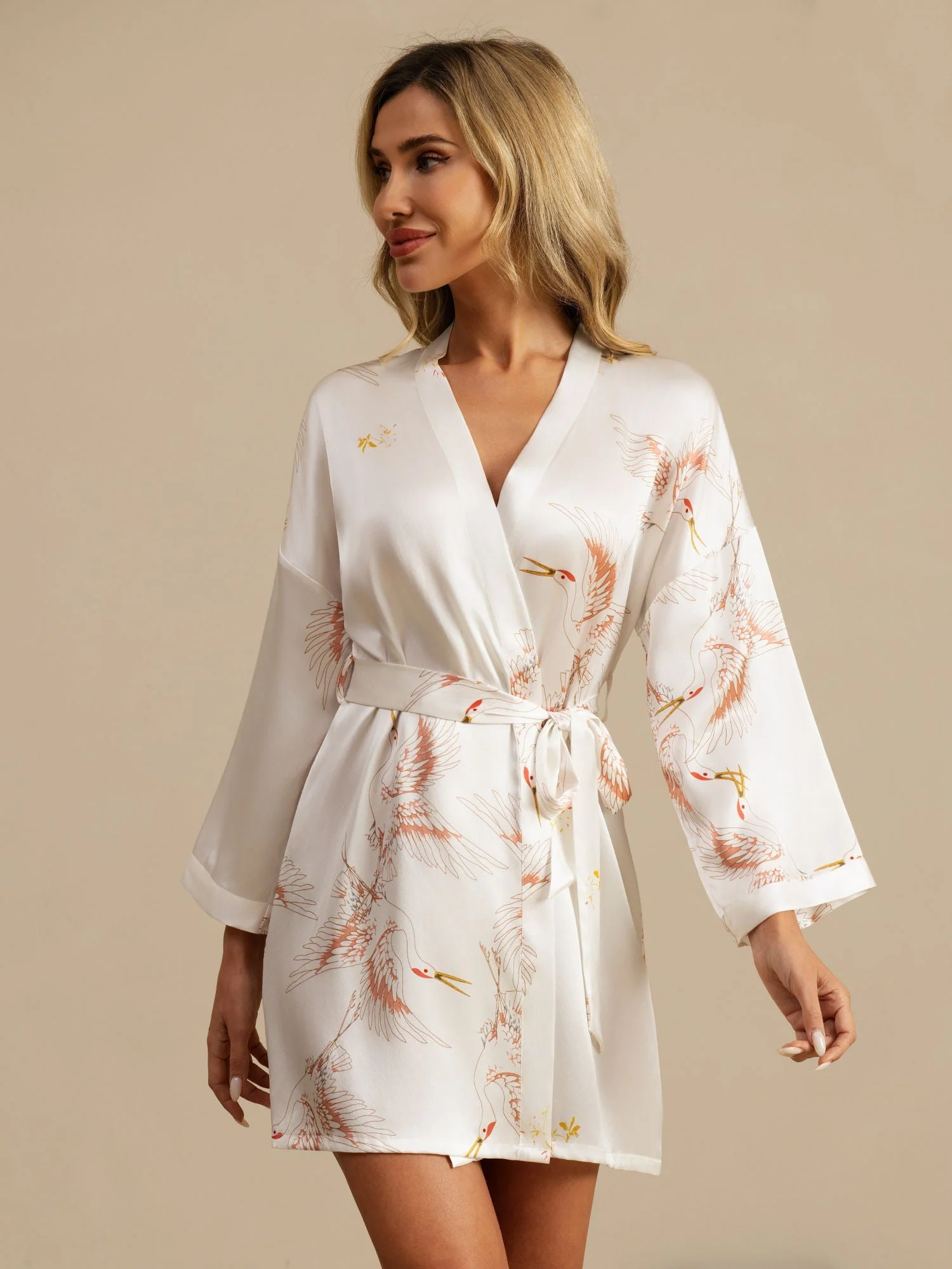 19Momme Women's Pure Silk Crane Print 3/4 Sleeve Short Kimono Robe - Image 24
