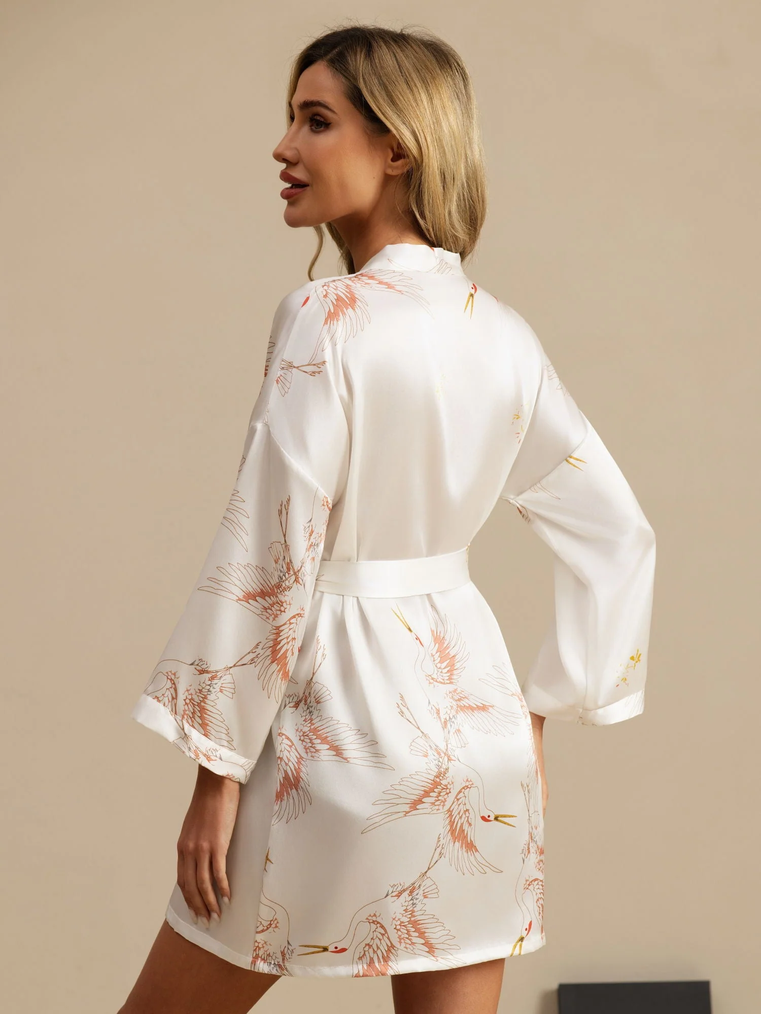 19Momme Women's Pure Silk Crane Print 3/4 Sleeve Short Kimono Robe - Image 25