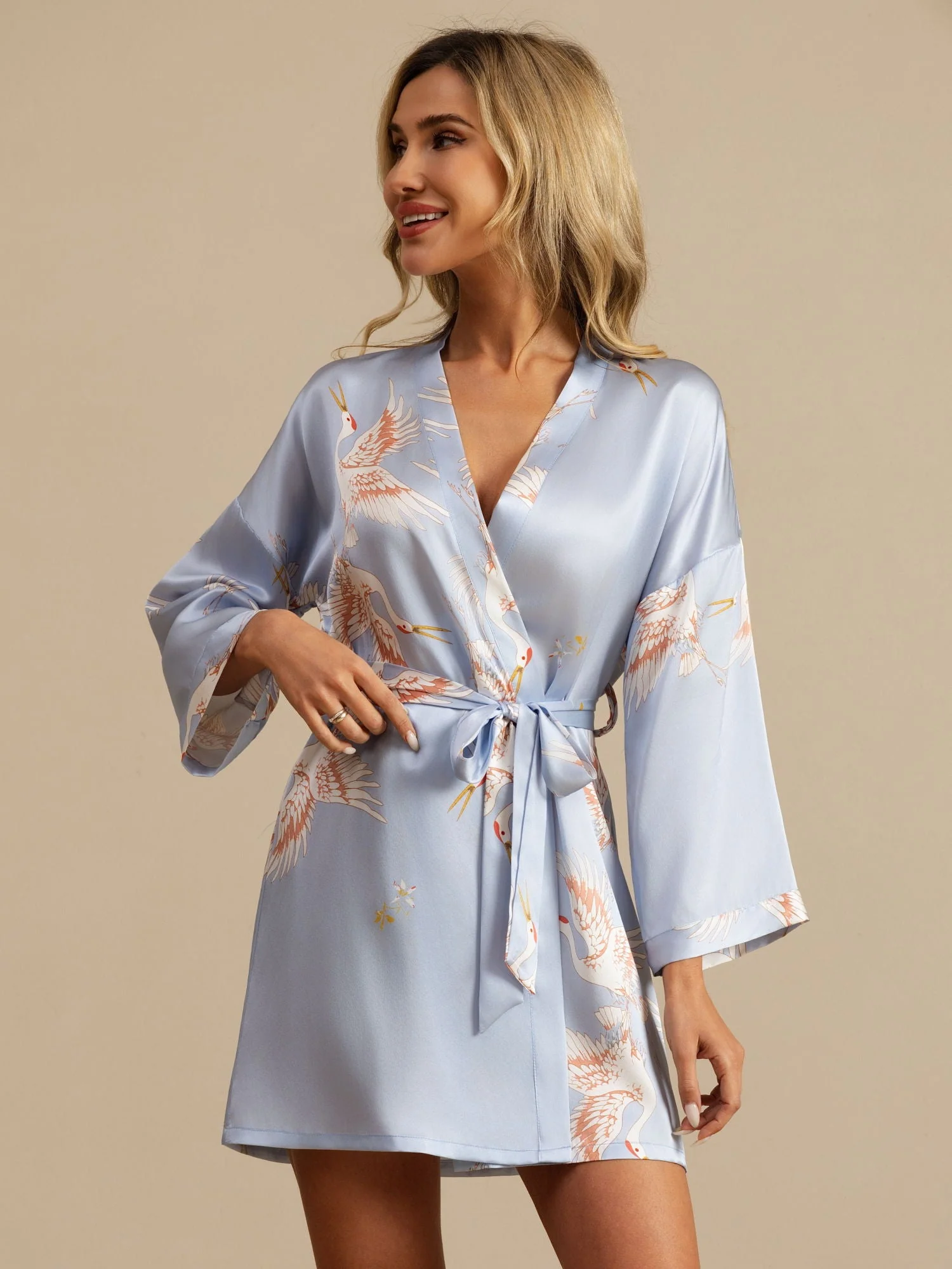 19Momme Women's Pure Silk Crane Print 3/4 Sleeve Short Kimono Robe - Image 33