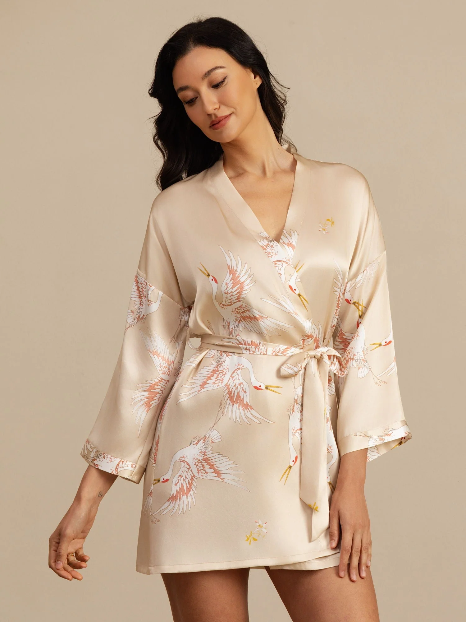19Momme Women's Pure Silk Crane Print 3/4 Sleeve Short Kimono Robe - Image 38