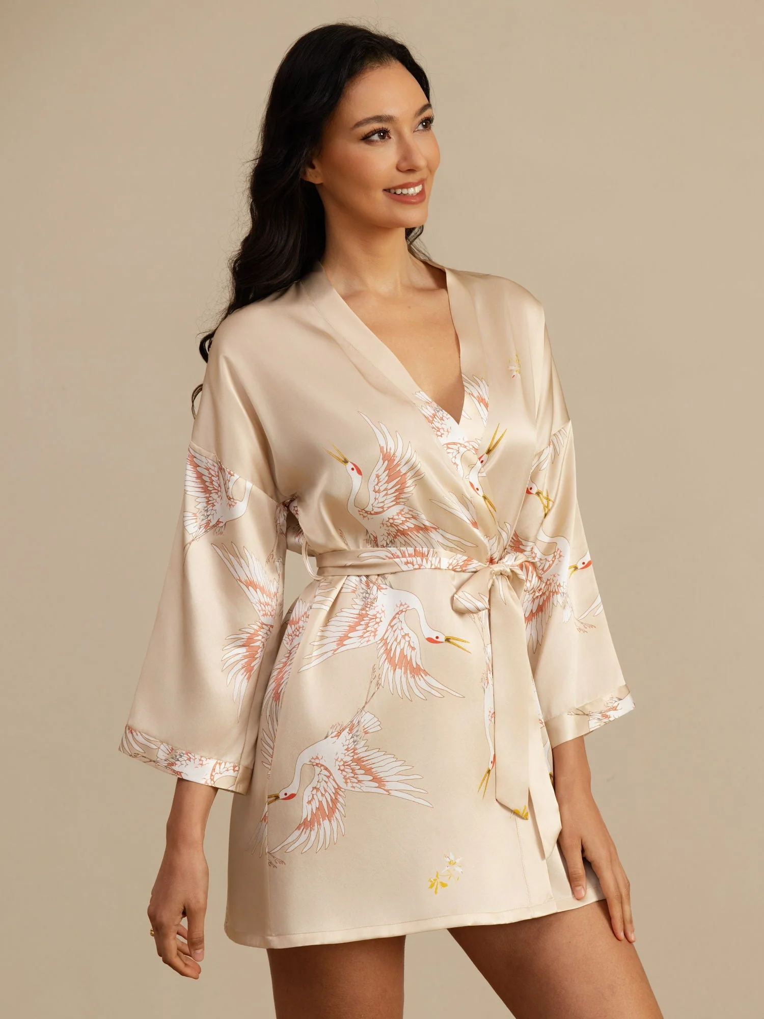 19Momme Women's Pure Silk Crane Print 3/4 Sleeve Short Kimono Robe - Image 40