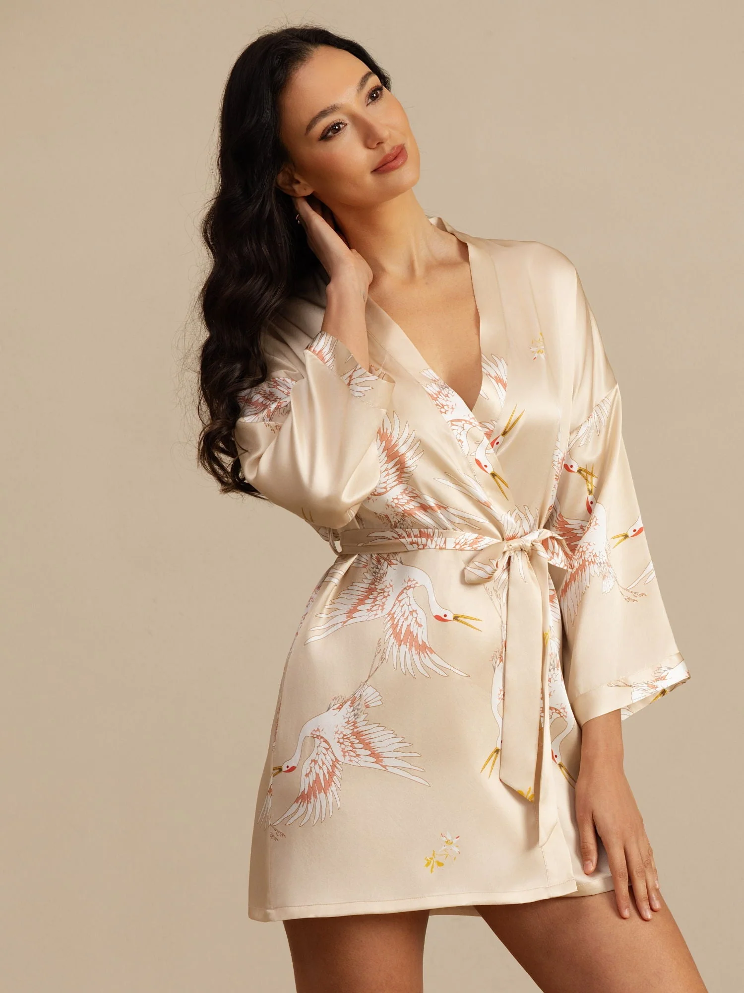 19Momme Women's Pure Silk Crane Print 3/4 Sleeve Short Kimono Robe - Image 42