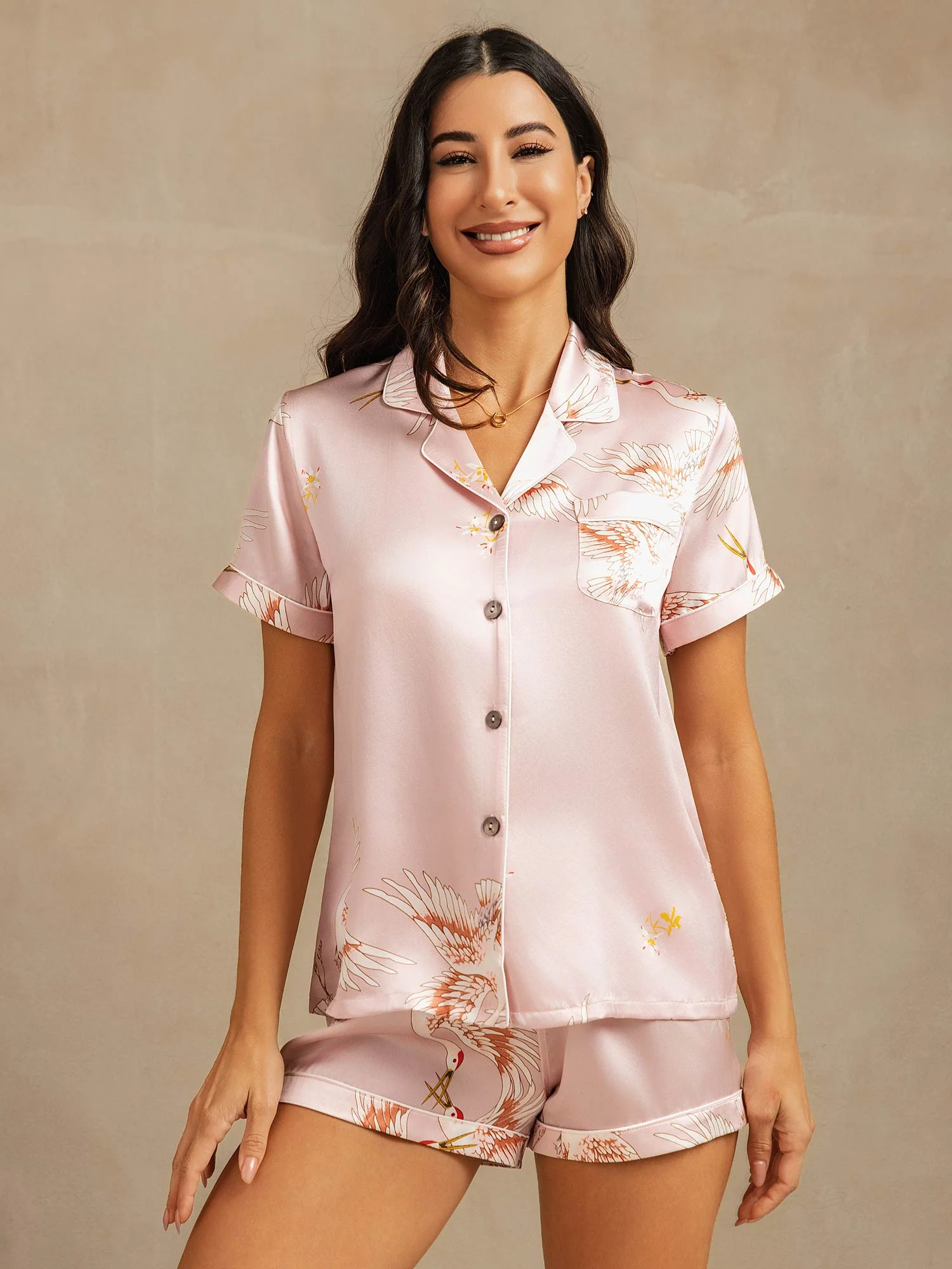 19Momme Women's Pure Silk Crane Print Short Sleeve Pyjamas Set - Image 15