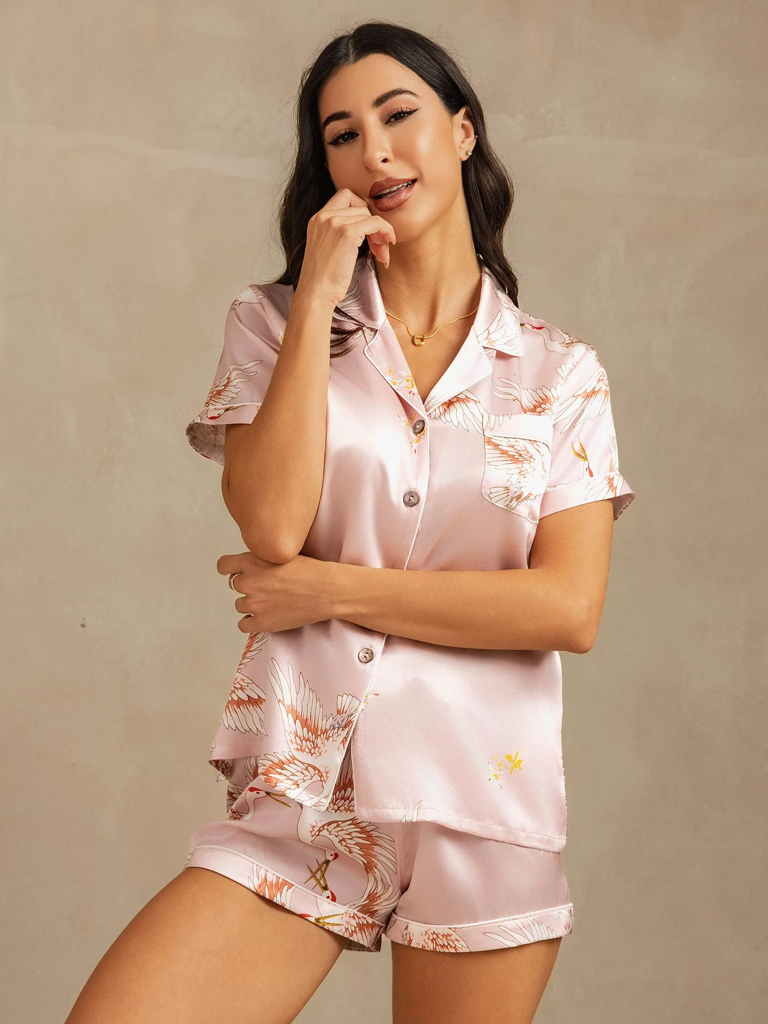 19Momme Women's Pure Silk Crane Print Short Sleeve Pyjamas Set - Image 17