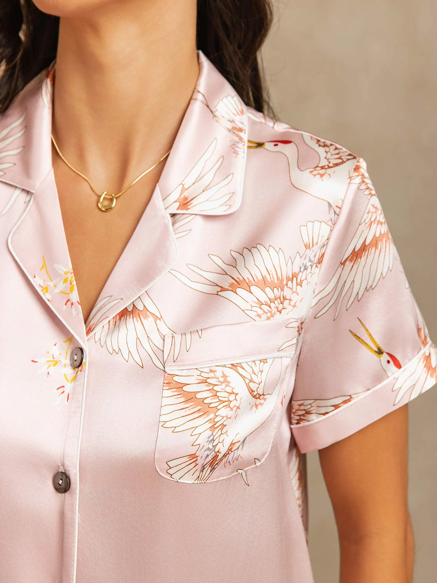 19Momme Women's Pure Silk Crane Print Short Sleeve Pyjamas Set - Image 18