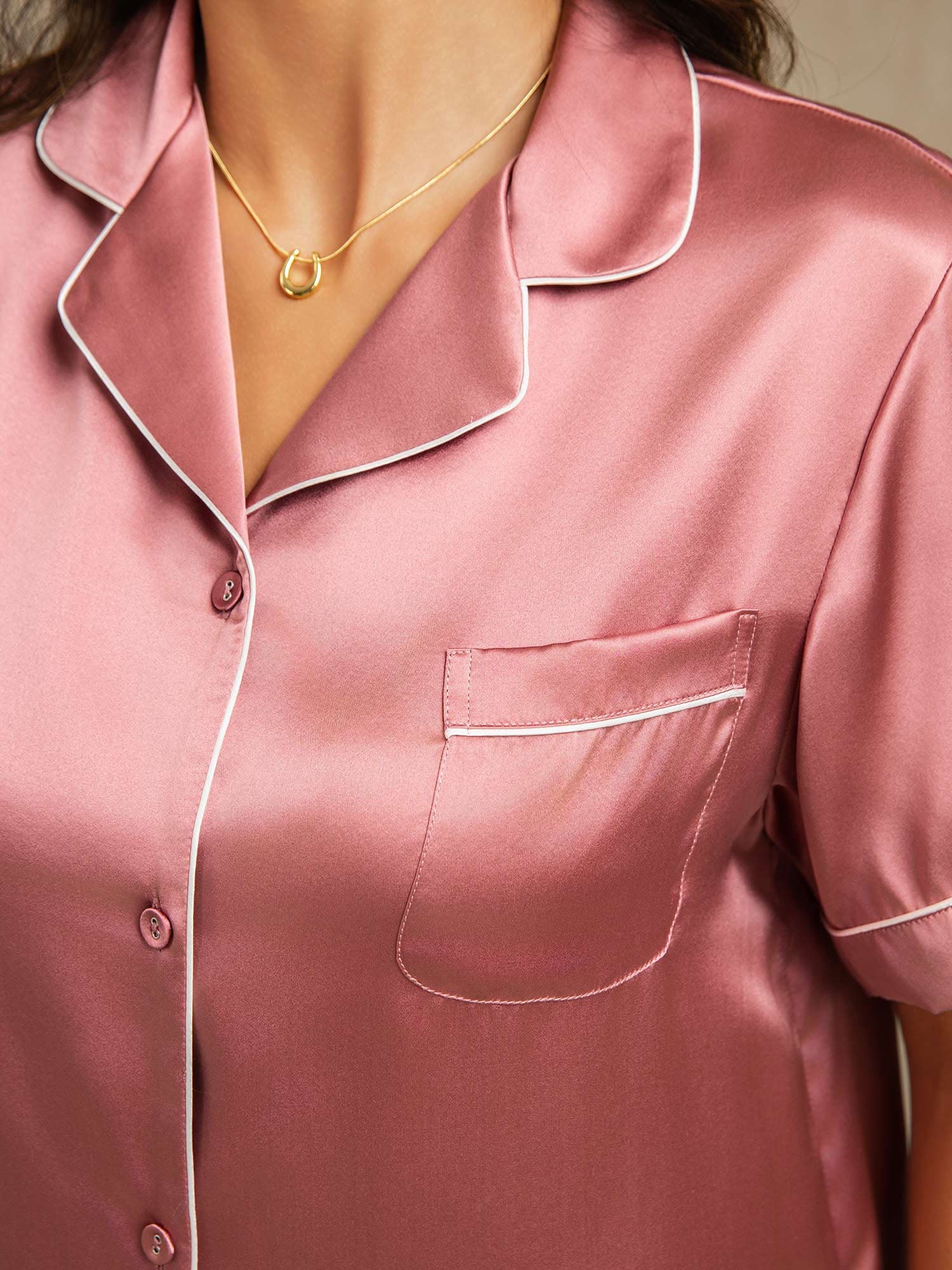 Pure Silk Short Sleeve Notch Collar Above the Knee Women's Pyjamas Set - Image 42