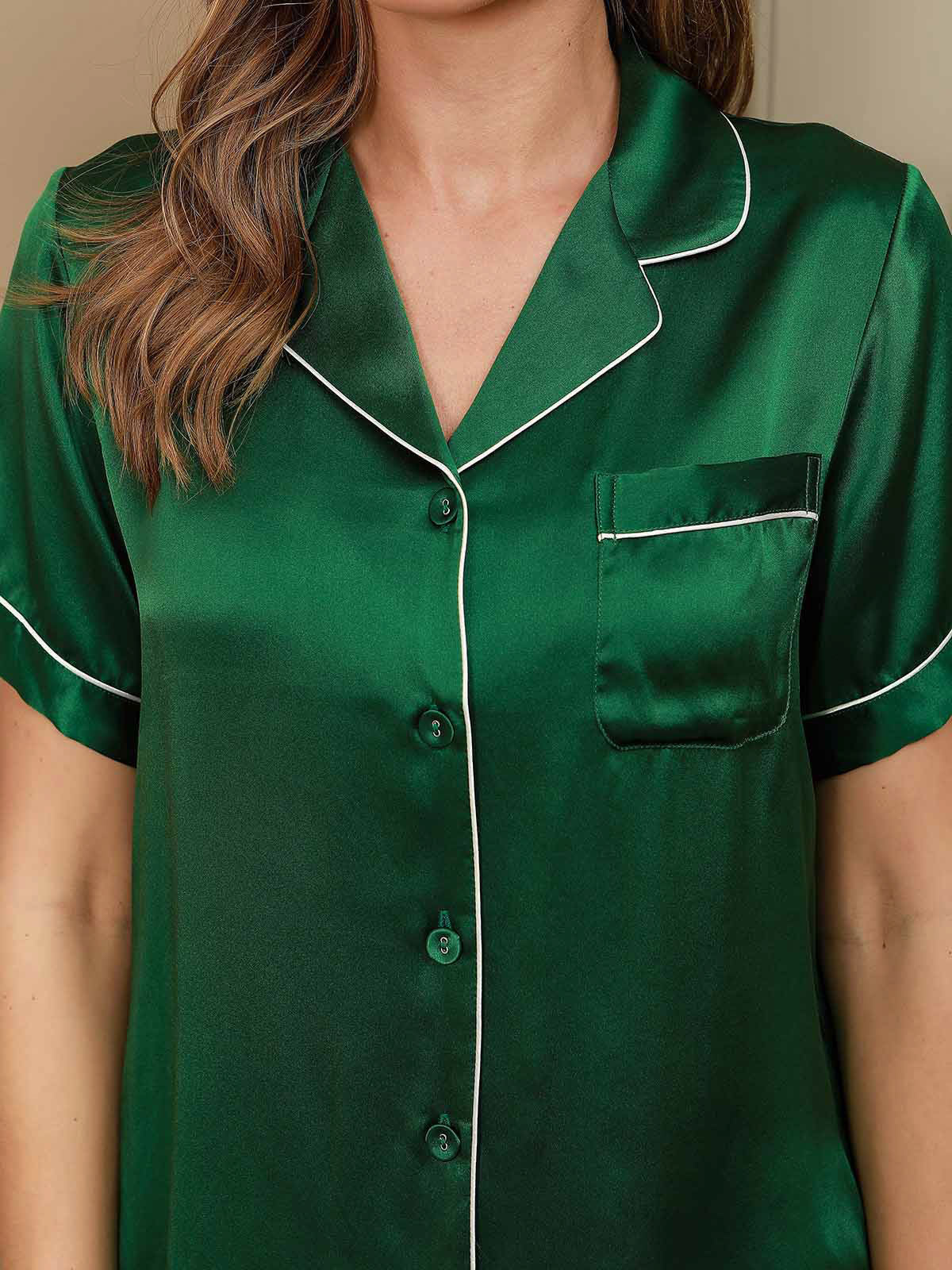 Pure Silk Short Sleeve Notch Collar Above the Knee Women's Pyjamas Set - Image 58