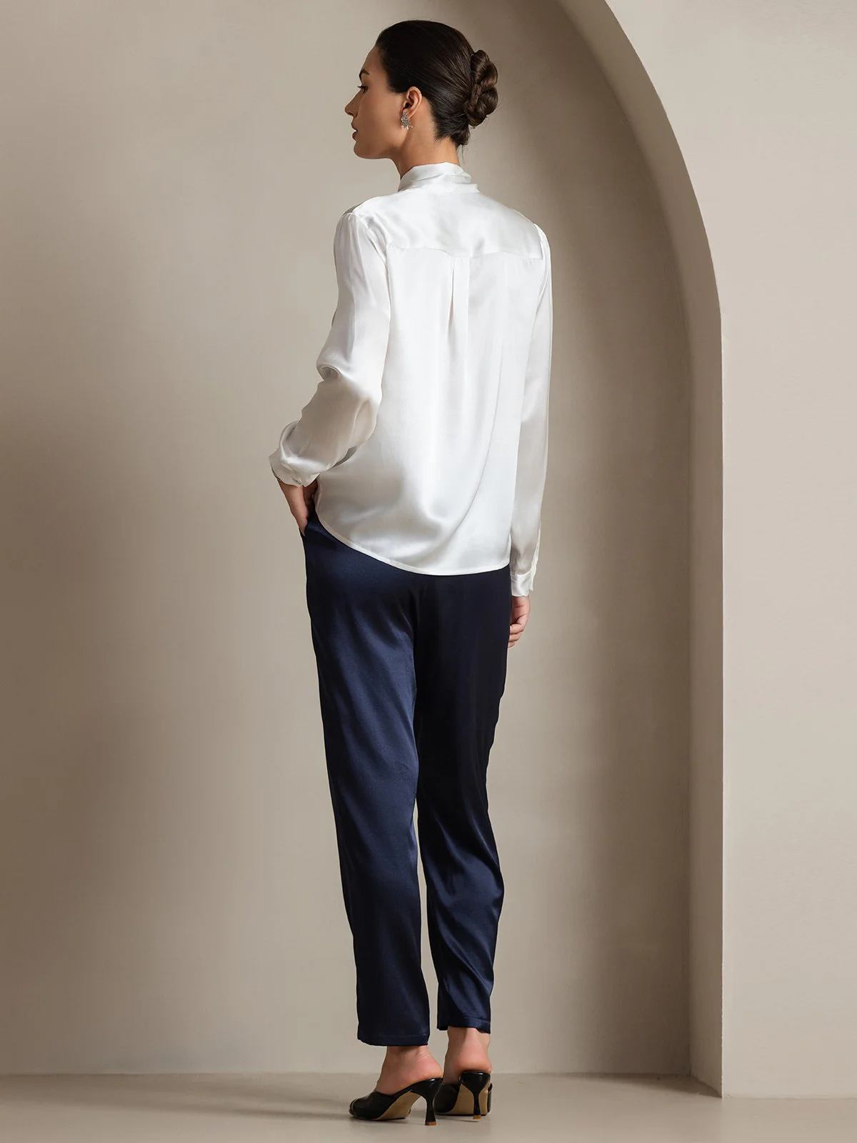 19Momme Silk Long Sleeve Tie Neck Blouse - Image 10
