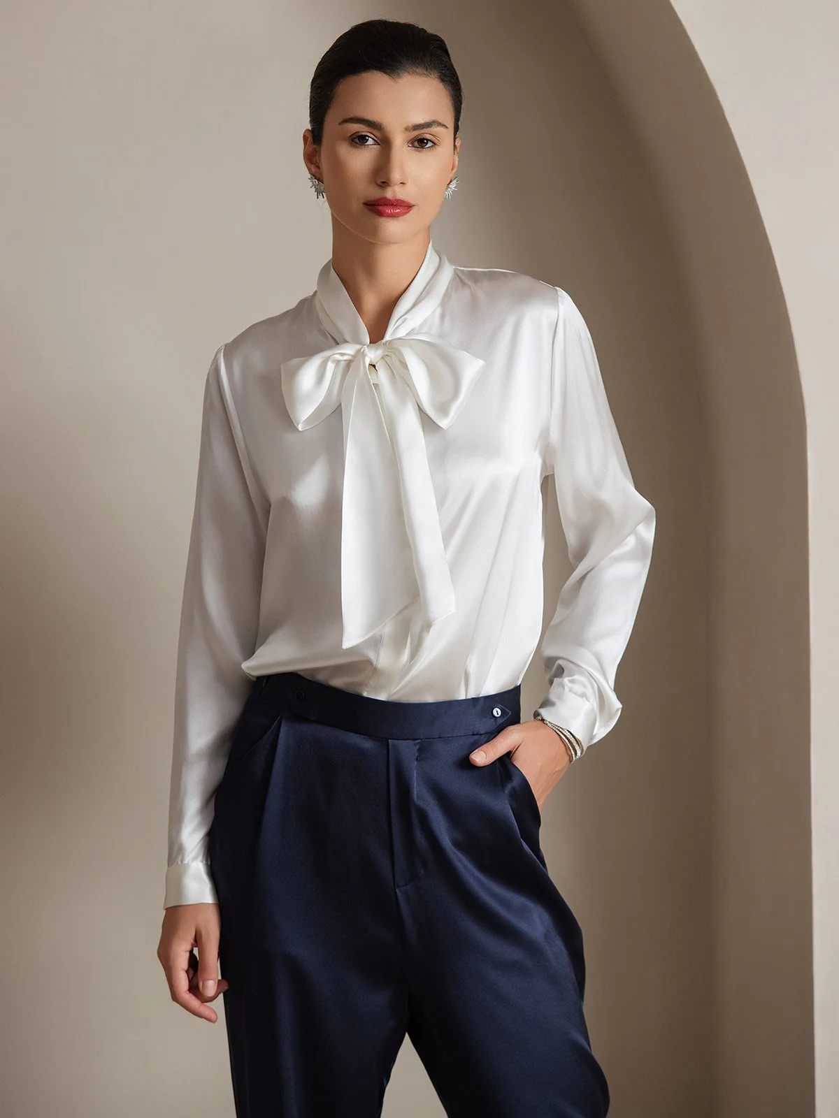 19Momme Silk Long Sleeve Tie Neck Blouse - Image 11