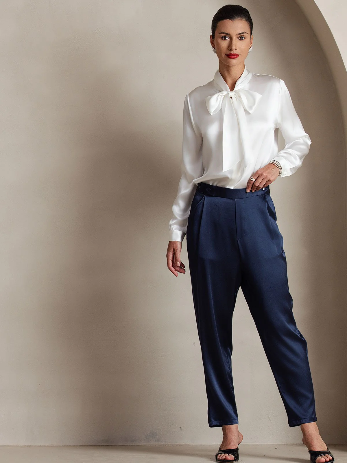 19Momme Silk Long Sleeve Tie Neck Blouse - Image 16