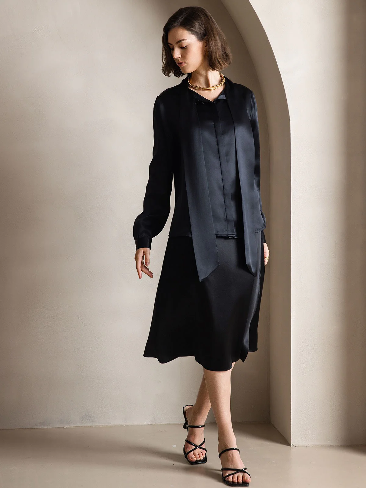 19Momme Silk Long Sleeve Tie Neck Blouse - Image 17
