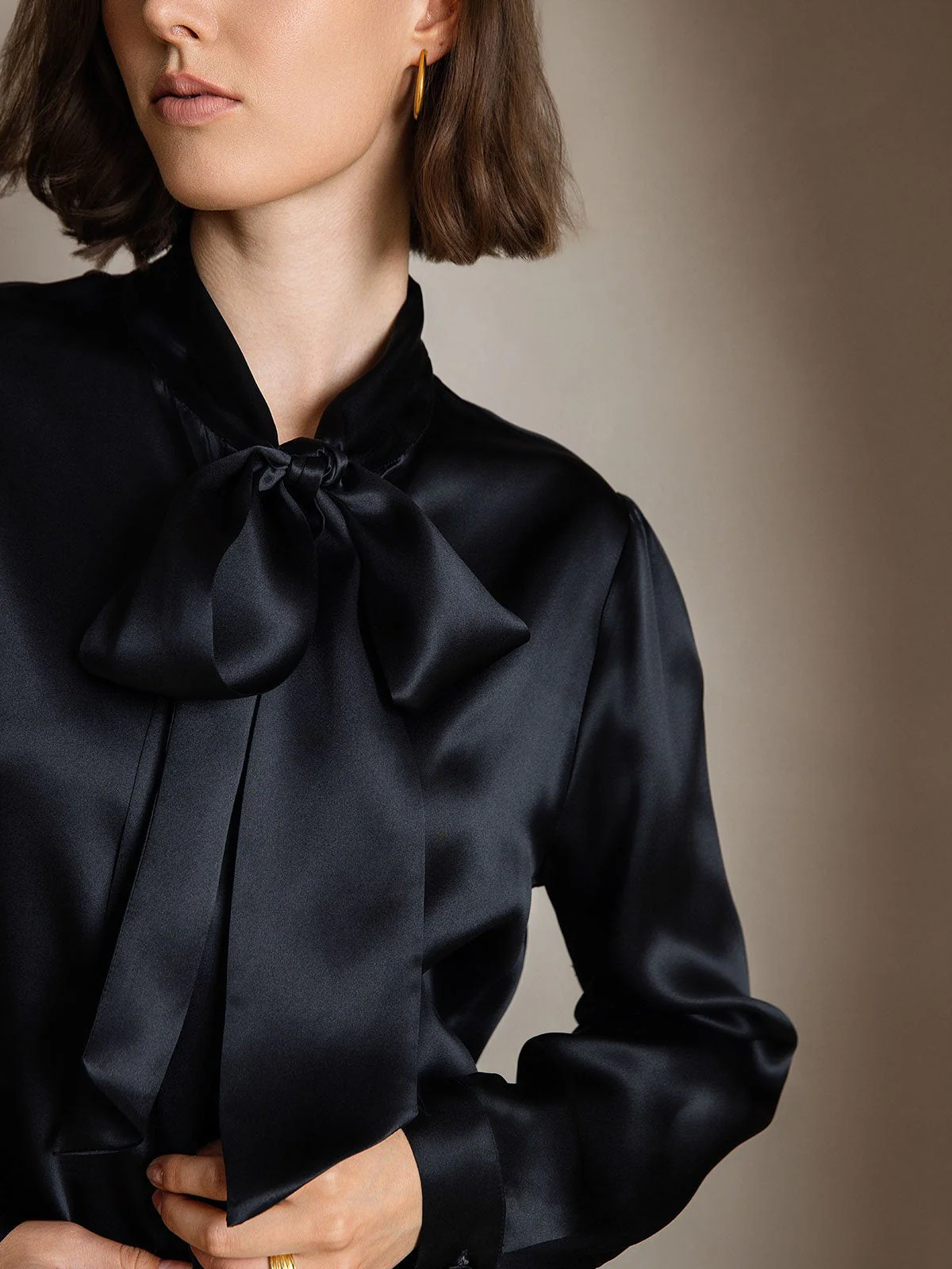 19Momme Silk Long Sleeve Tie Neck Blouse - Image 18