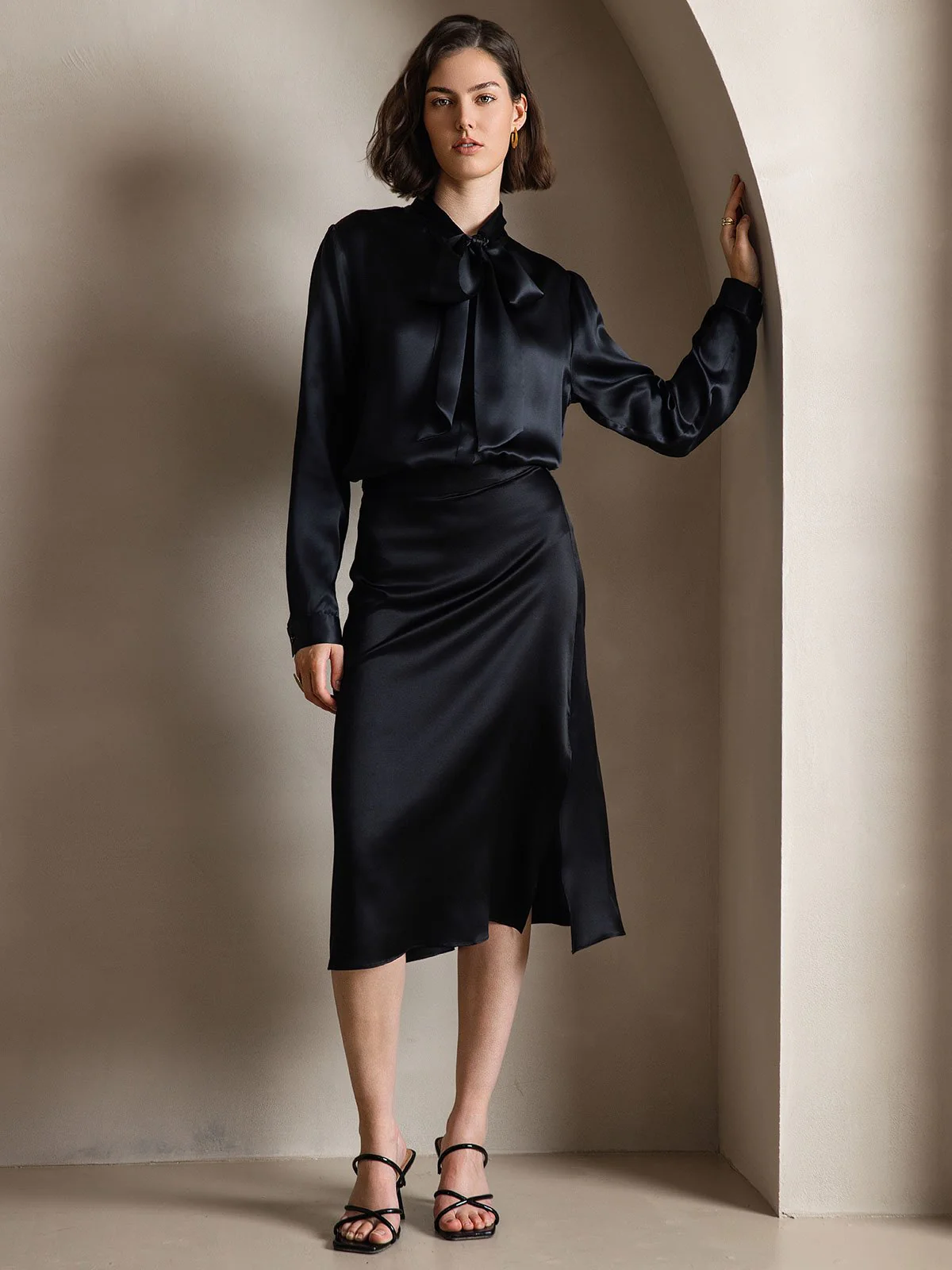 19Momme Silk Long Sleeve Tie Neck Blouse - Image 22