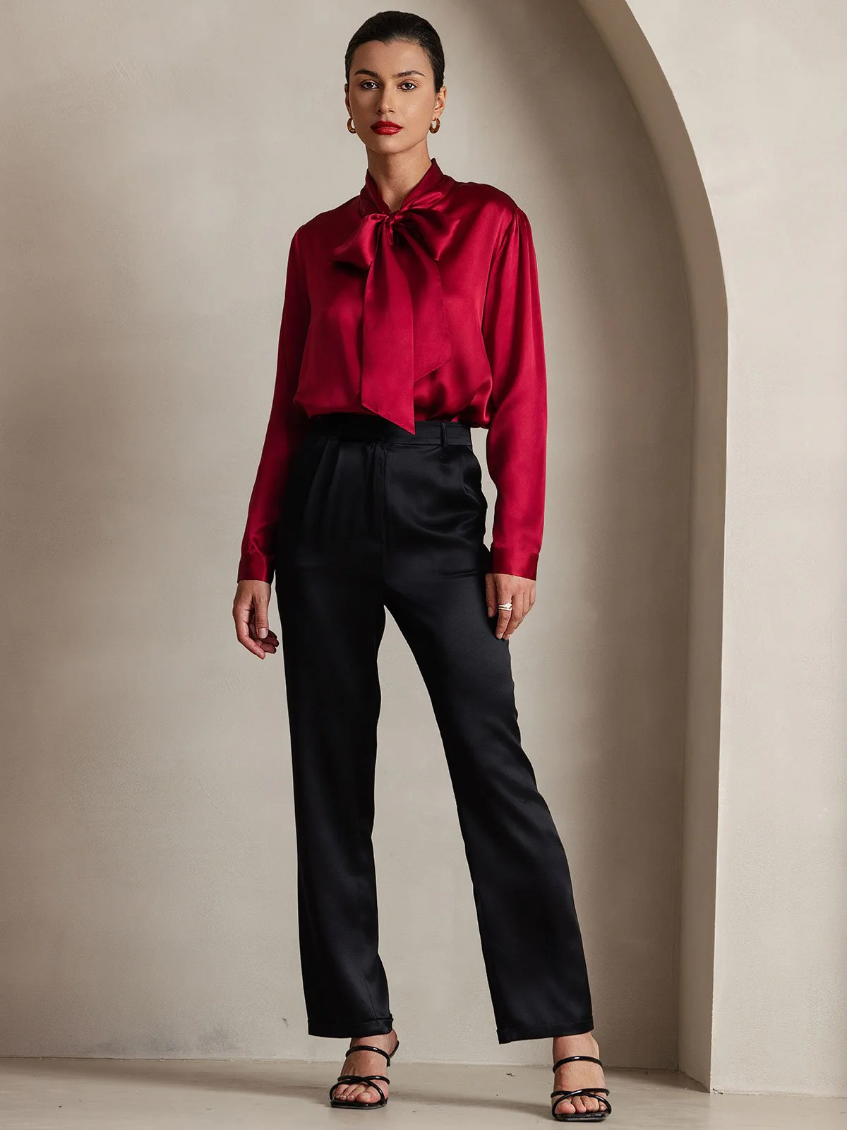 19Momme Silk Long Sleeve Tie Neck Blouse - Image 25