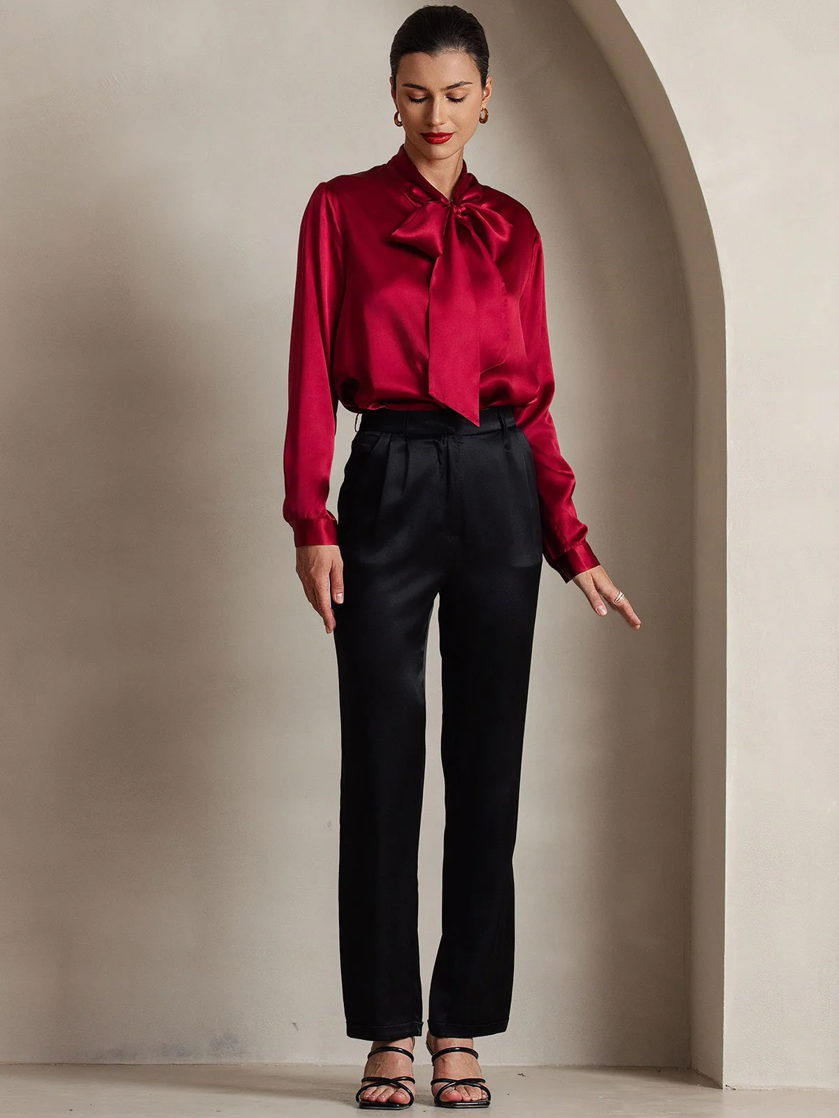 19Momme Silk Long Sleeve Tie Neck Blouse - Image 27