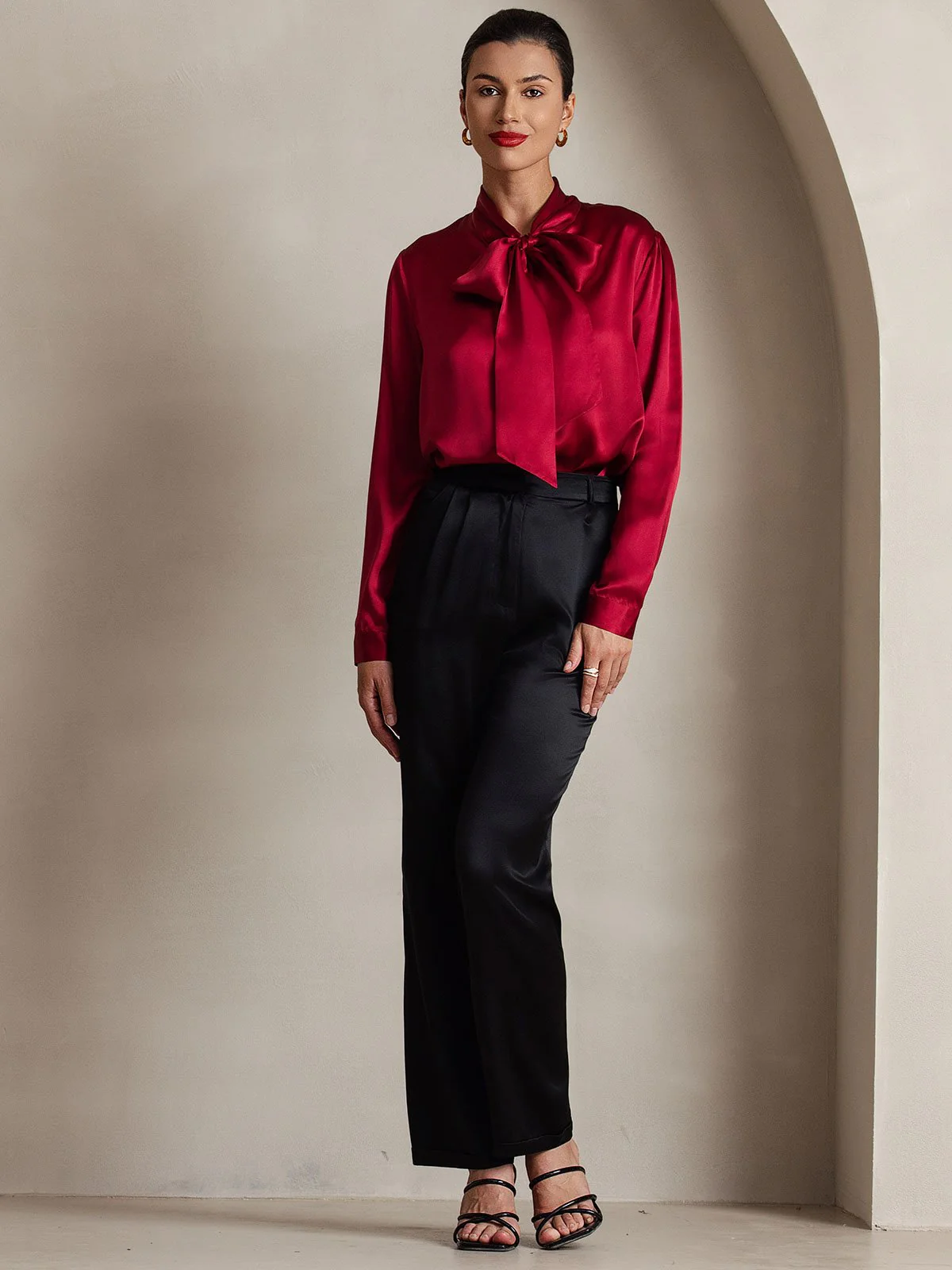 19Momme Silk Long Sleeve Tie Neck Blouse - Image 28