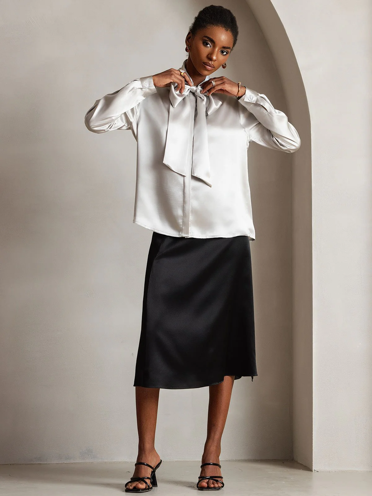 19Momme Silk Long Sleeve Tie Neck Blouse - Image 32