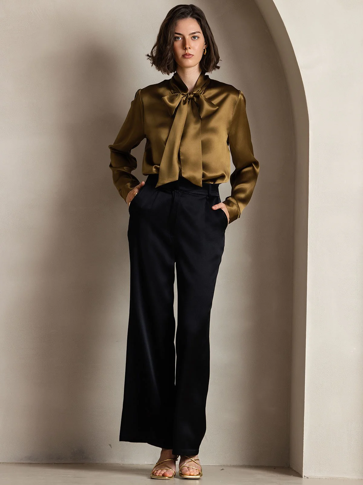 19Momme Silk Long Sleeve Tie Neck Blouse - Image 42