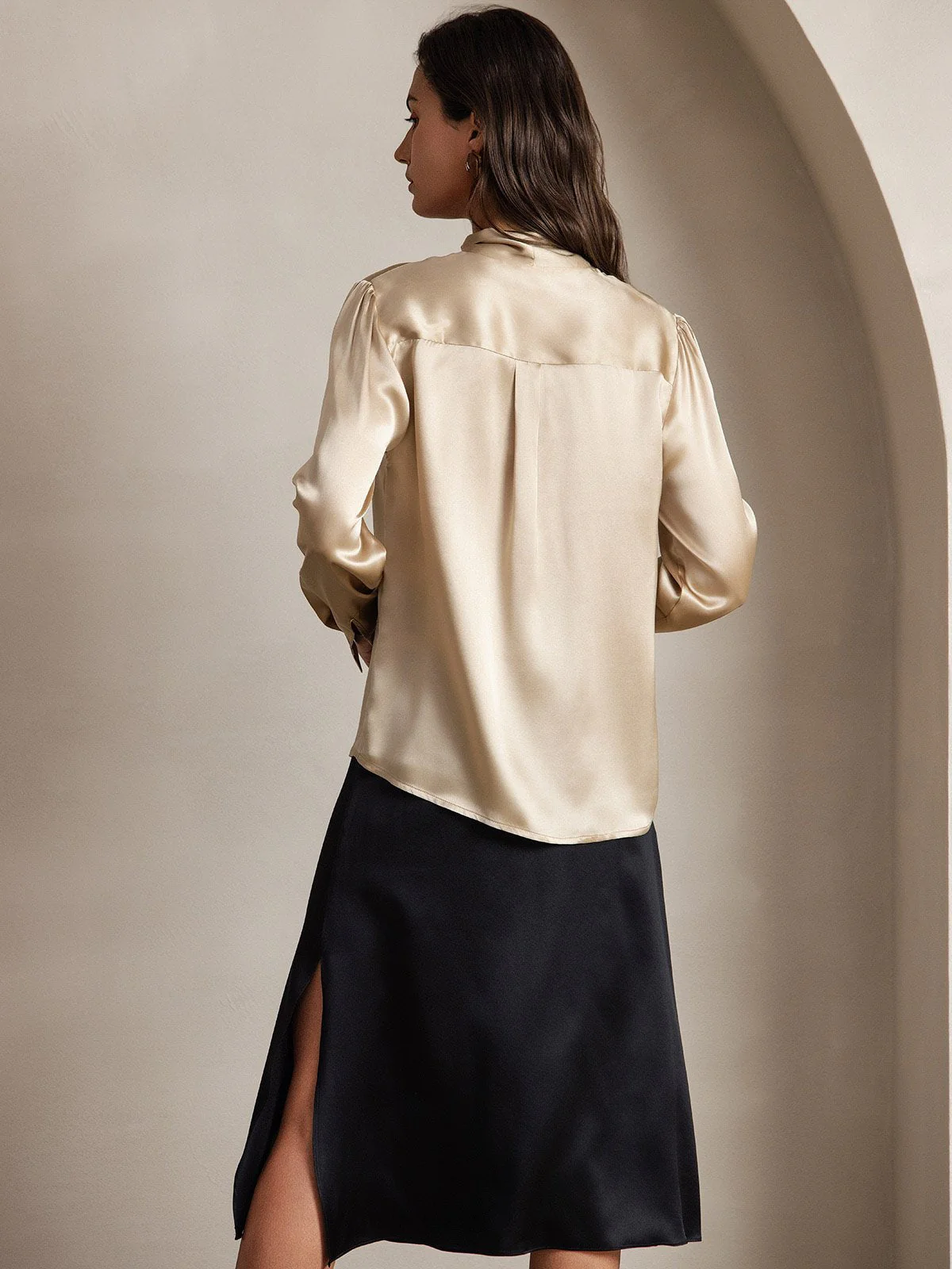 19Momme Silk Long Sleeve Tie Neck Blouse - Image 45