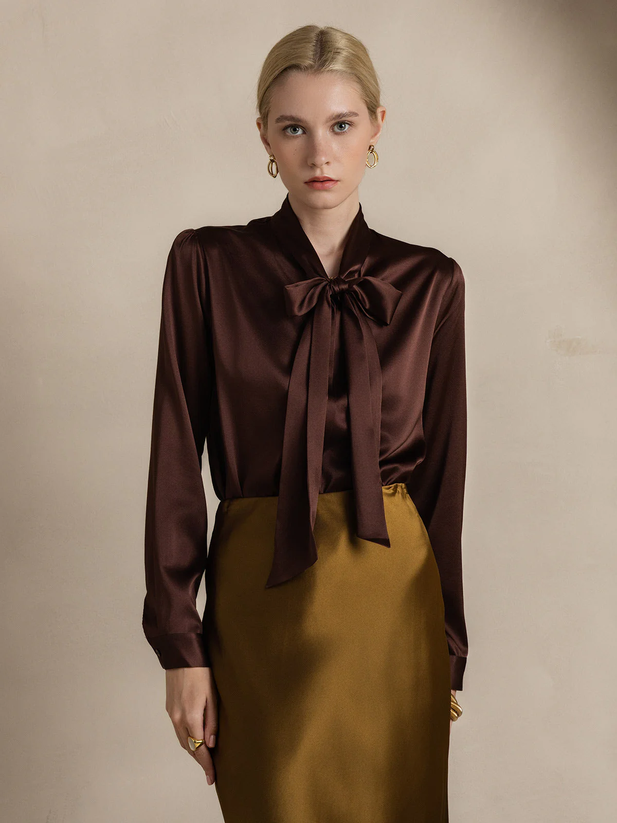 19Momme Silk Long Sleeve Tie Neck Blouse - Image 60