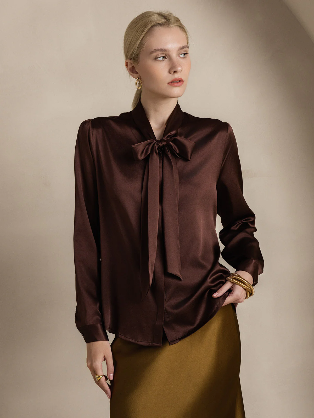 19Momme Silk Long Sleeve Tie Neck Blouse - Image 62