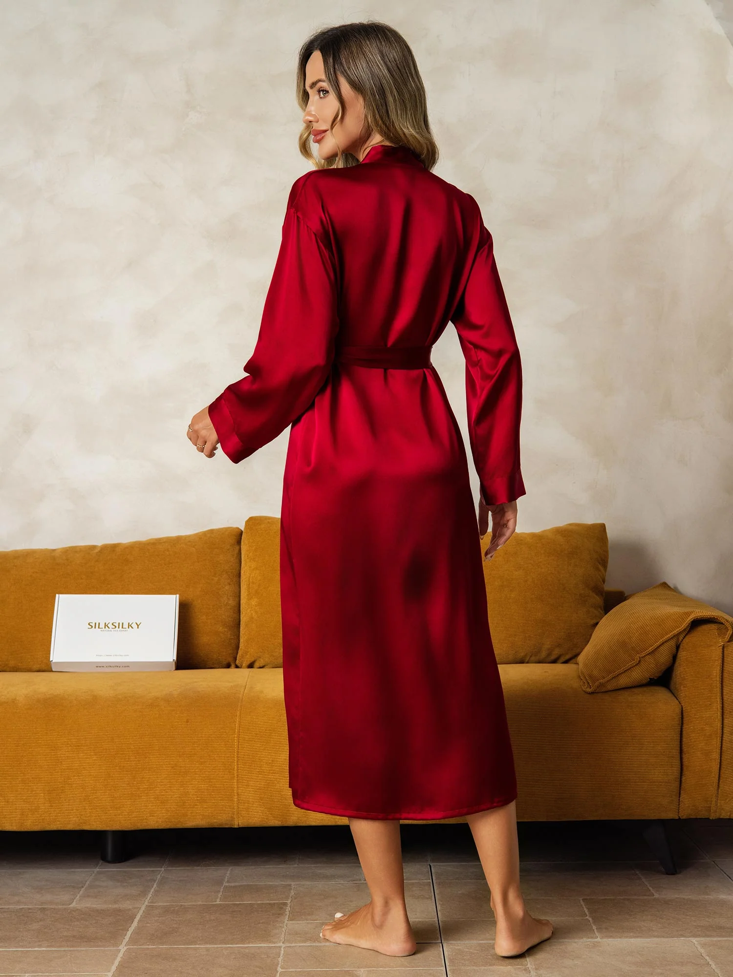 100% Mulberry Silk Long Sleeve Midi Women's Robe - Image 2