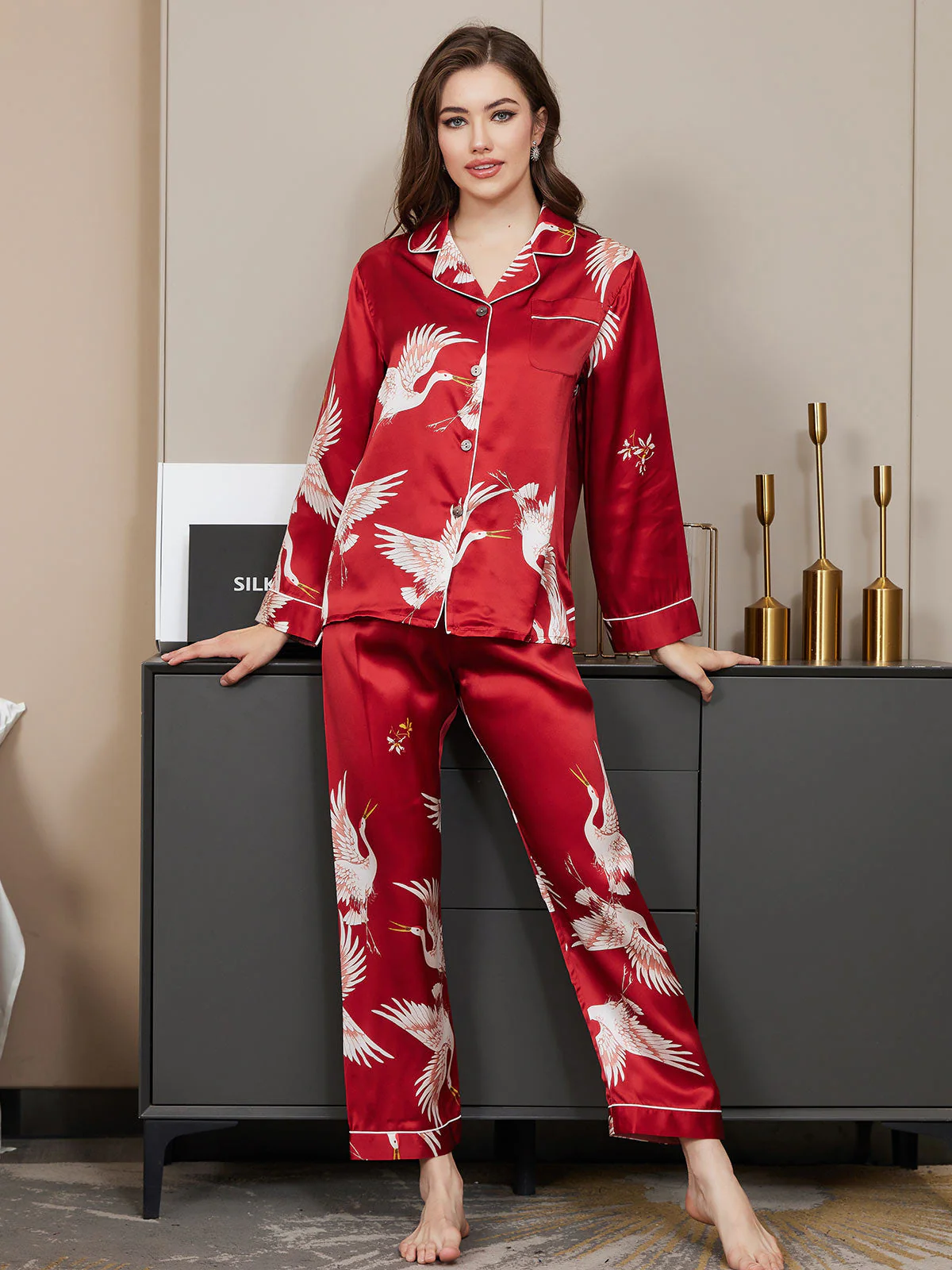 19Momme Pure Silk Crane Print Women's Long Sleeve Notch Collar Pyjamas Set - Image 19