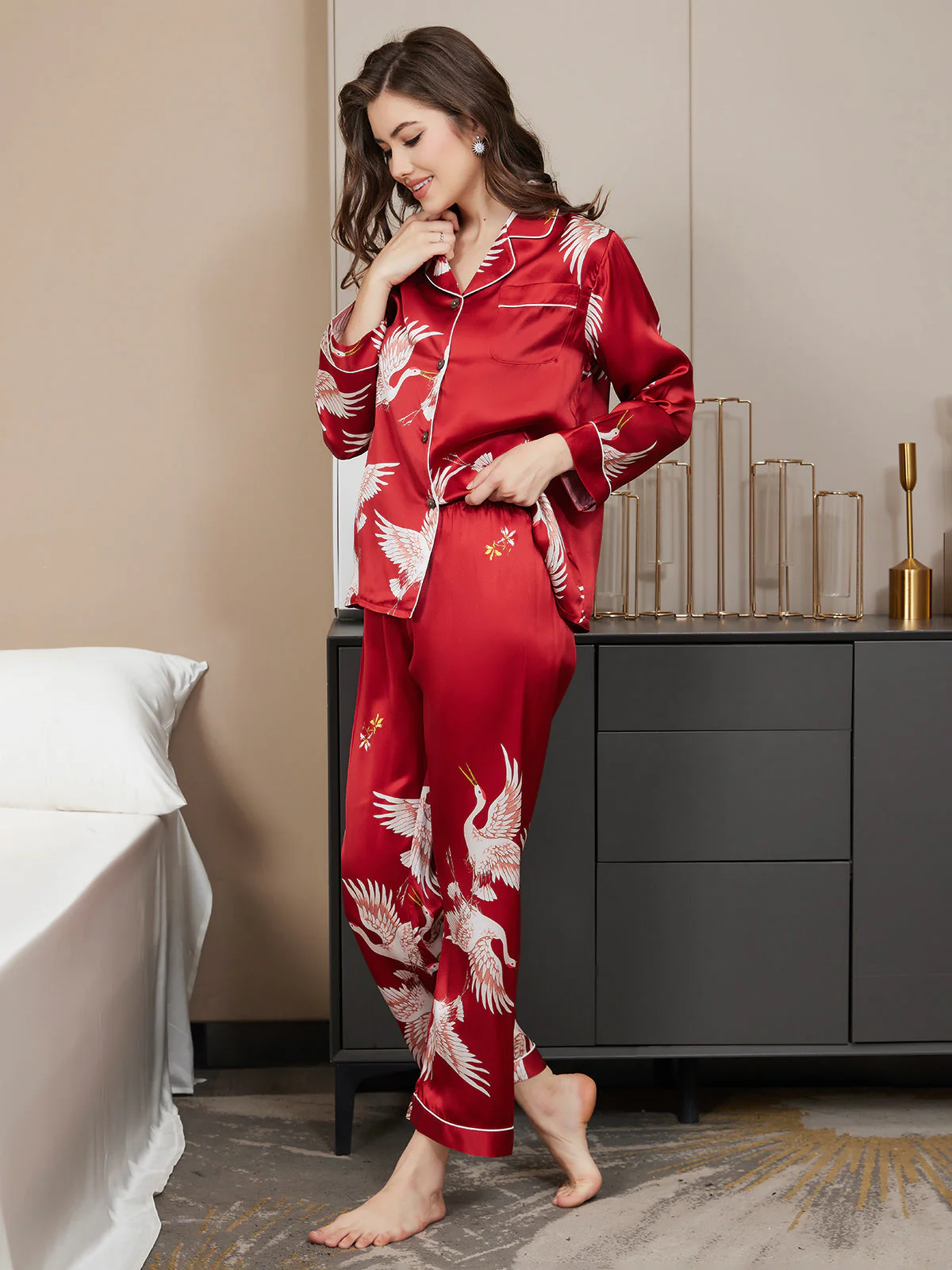 19Momme Pure Silk Crane Print Women's Long Sleeve Notch Collar Pyjamas Set - Image 20