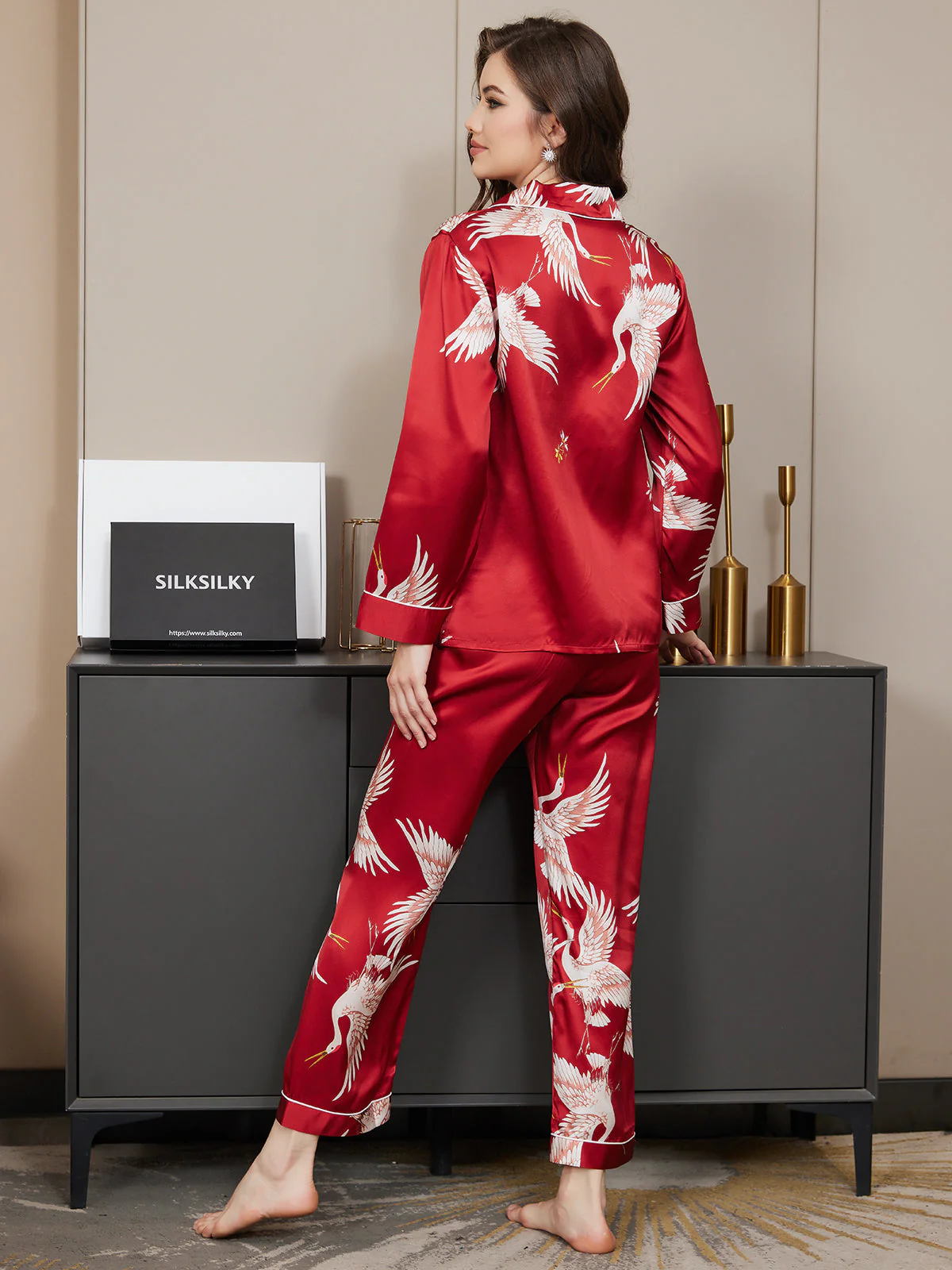 19Momme Pure Silk Crane Print Women's Long Sleeve Notch Collar Pyjamas Set - Image 22