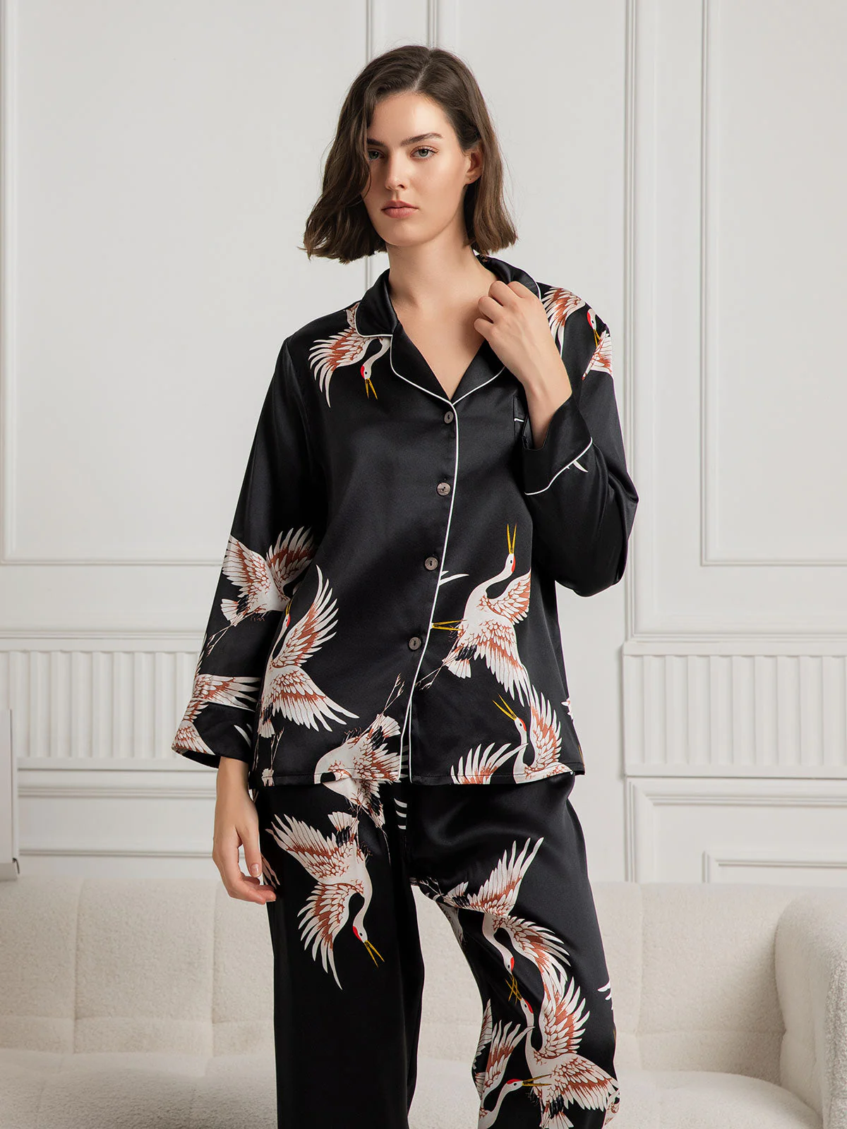 19Momme Pure Silk Crane Print Women's Long Sleeve Notch Collar Pyjamas Set - Image 27
