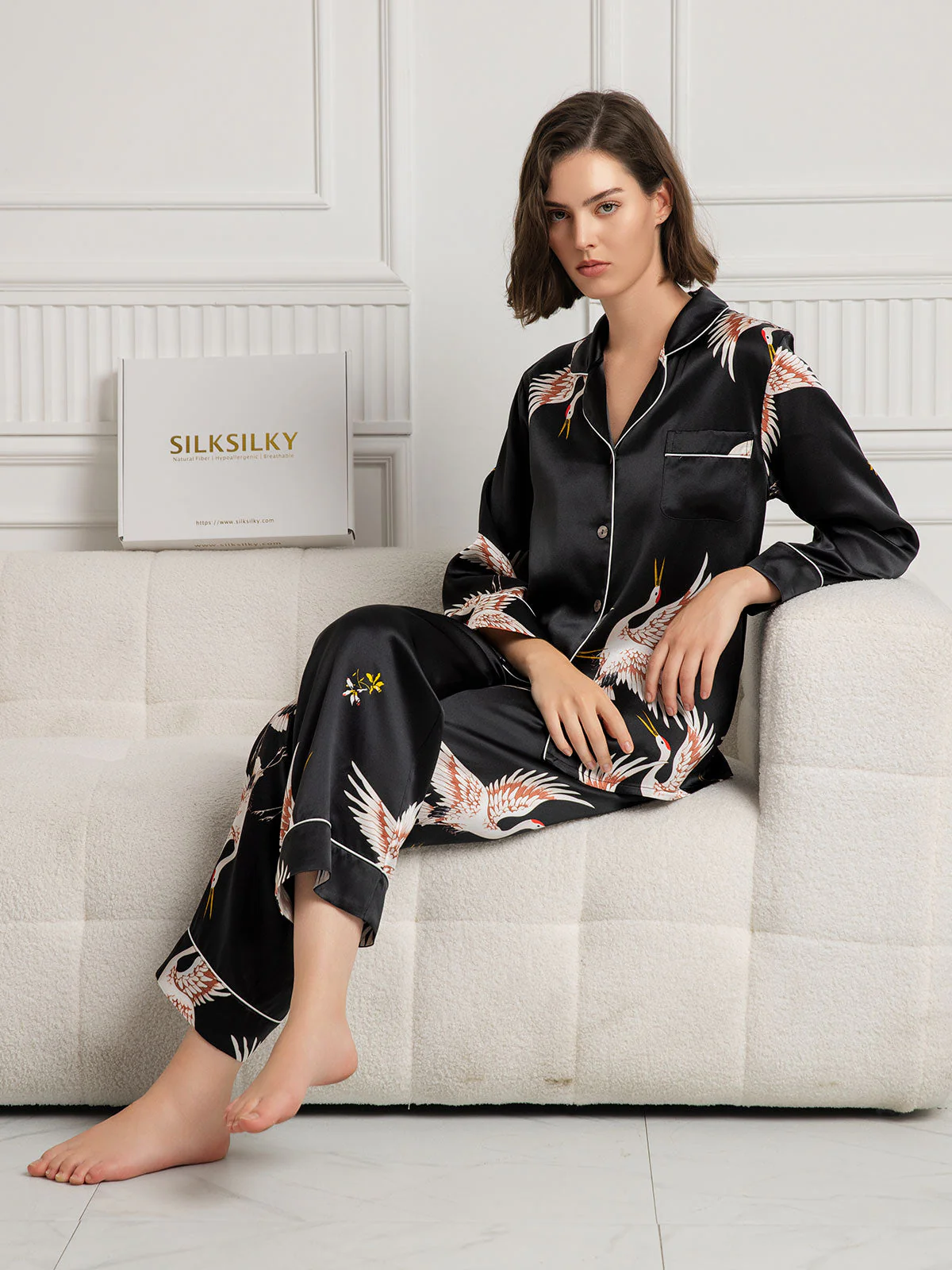 19Momme Pure Silk Crane Print Women's Long Sleeve Notch Collar Pyjamas Set - Image 29