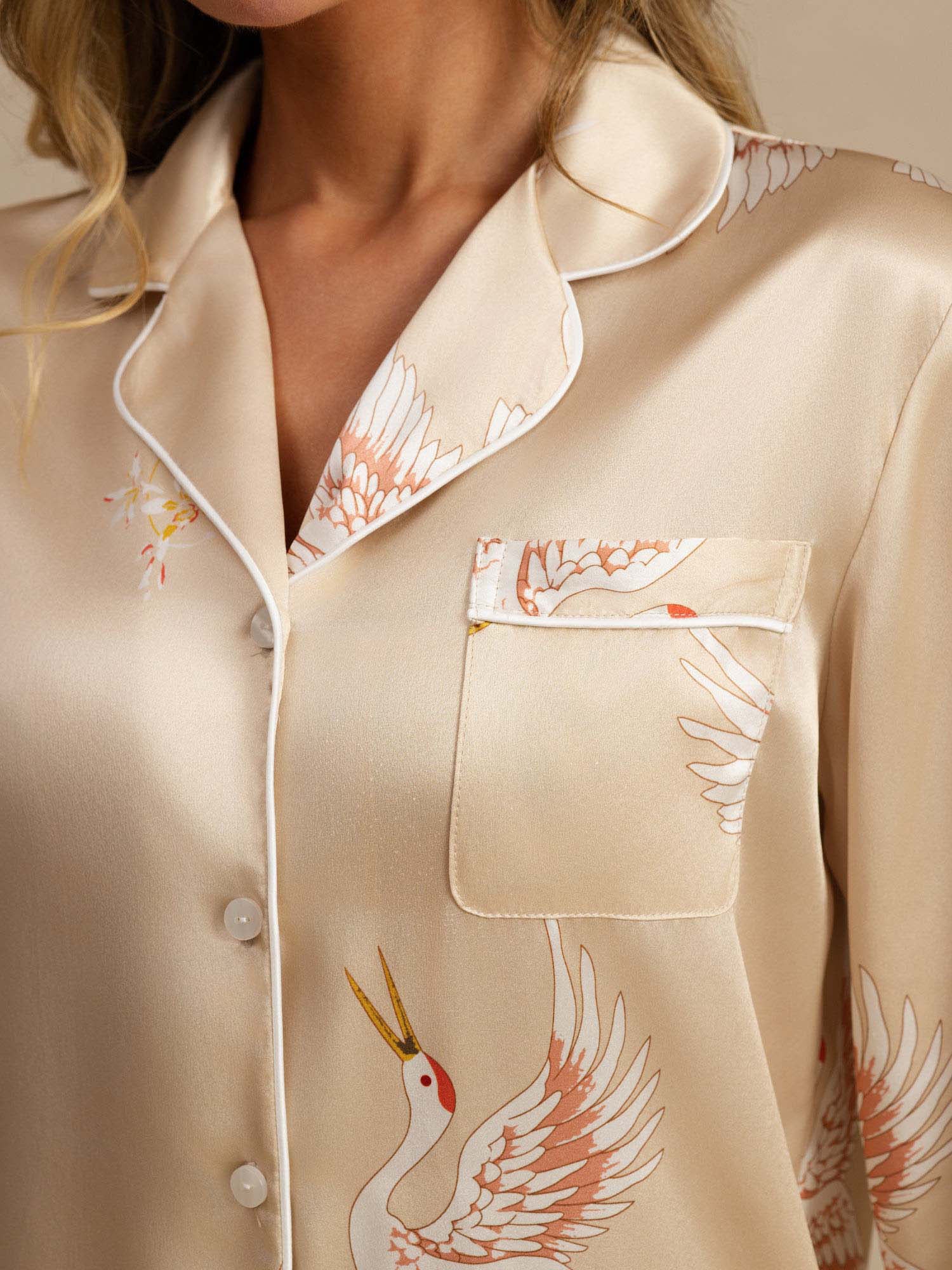 19Momme Pure Silk Crane Print Women's Long Sleeve Notch Collar Pyjamas Set - Image 34