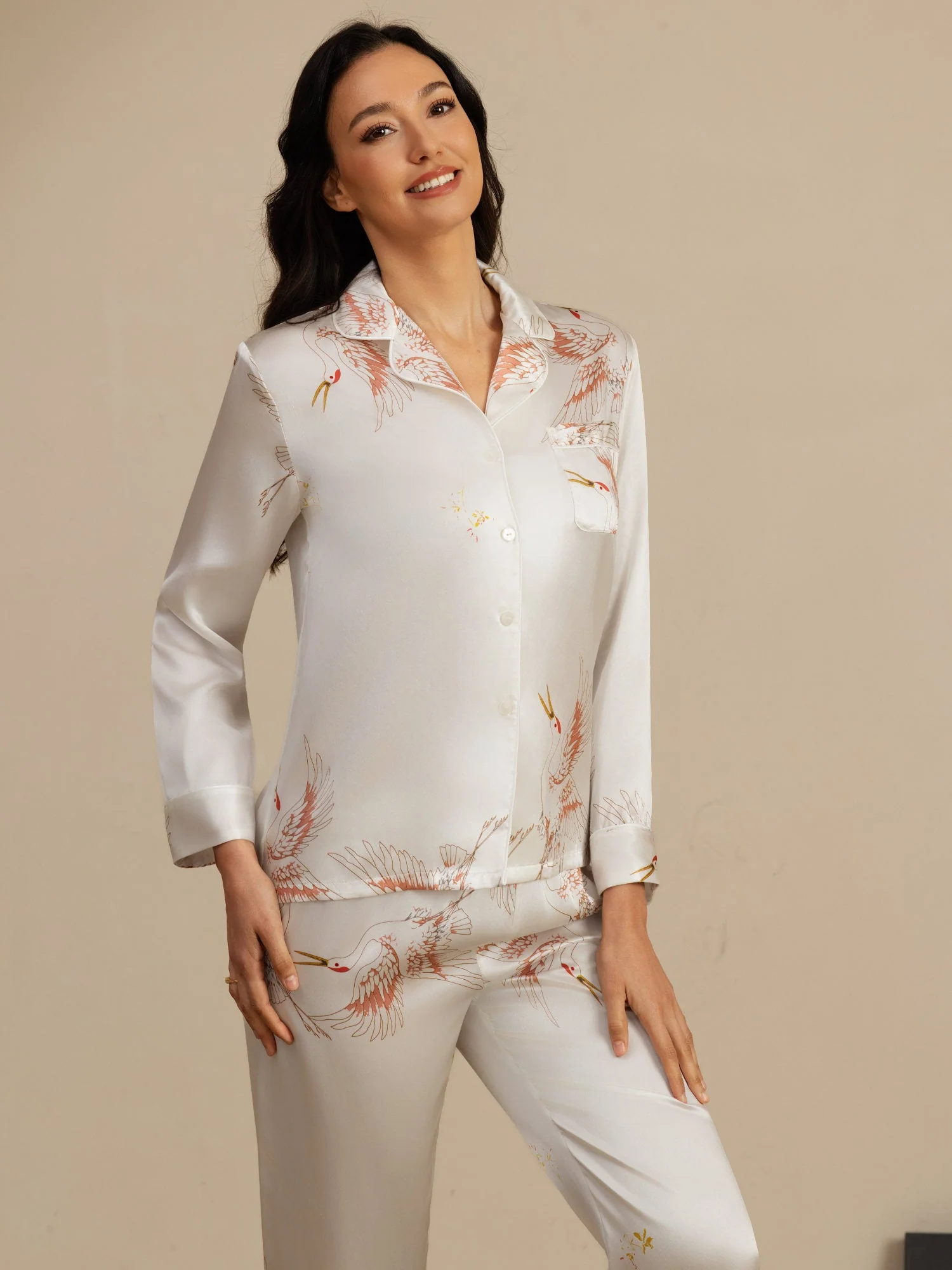 19Momme Pure Silk Crane Print Women's Long Sleeve Notch Collar Pyjamas Set - Image 46