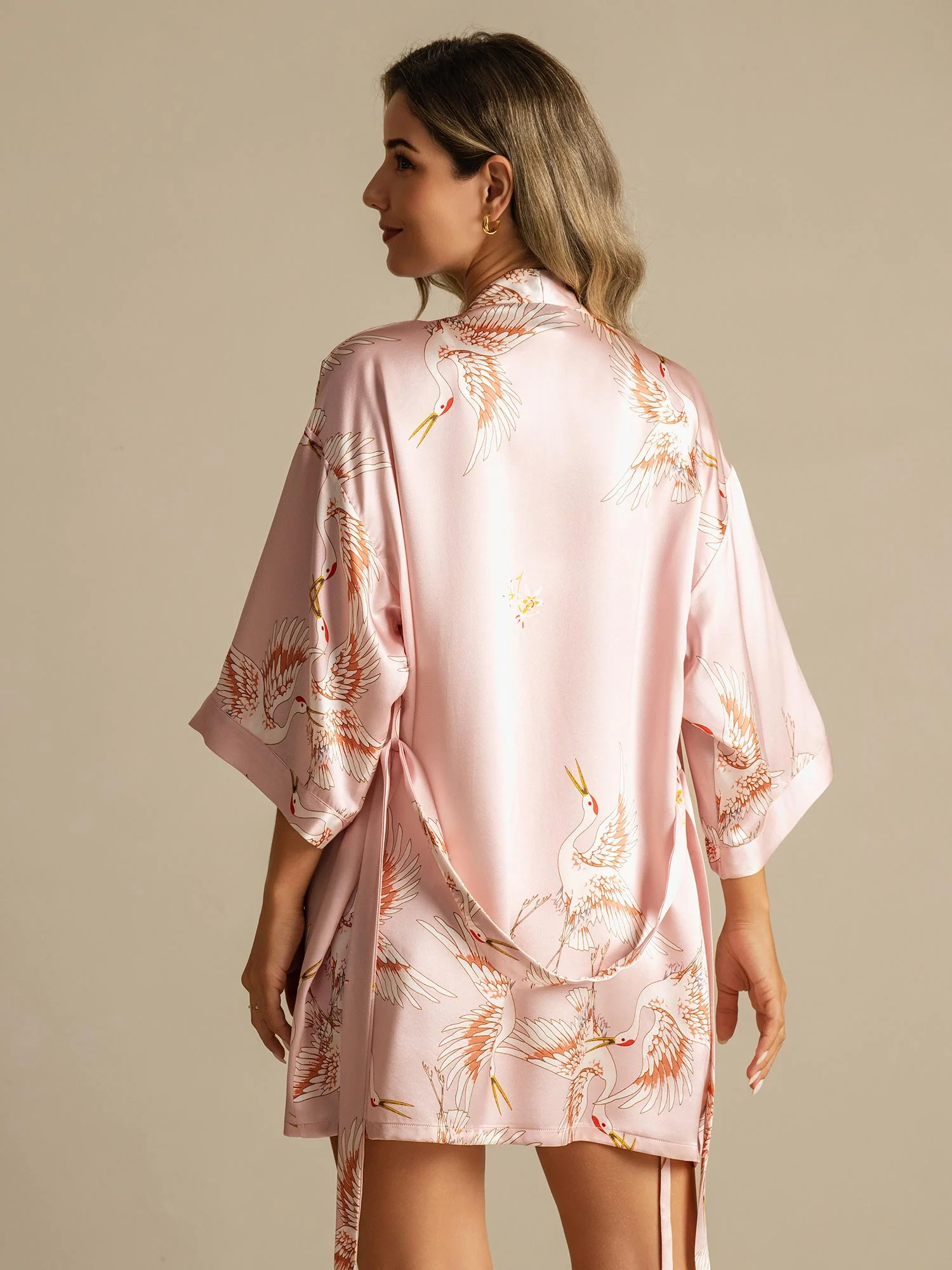 19Momme Pure Silk Crane Print 3/4 Sleeve Short Women's Kimono Robe with Wrap Design - Image 2