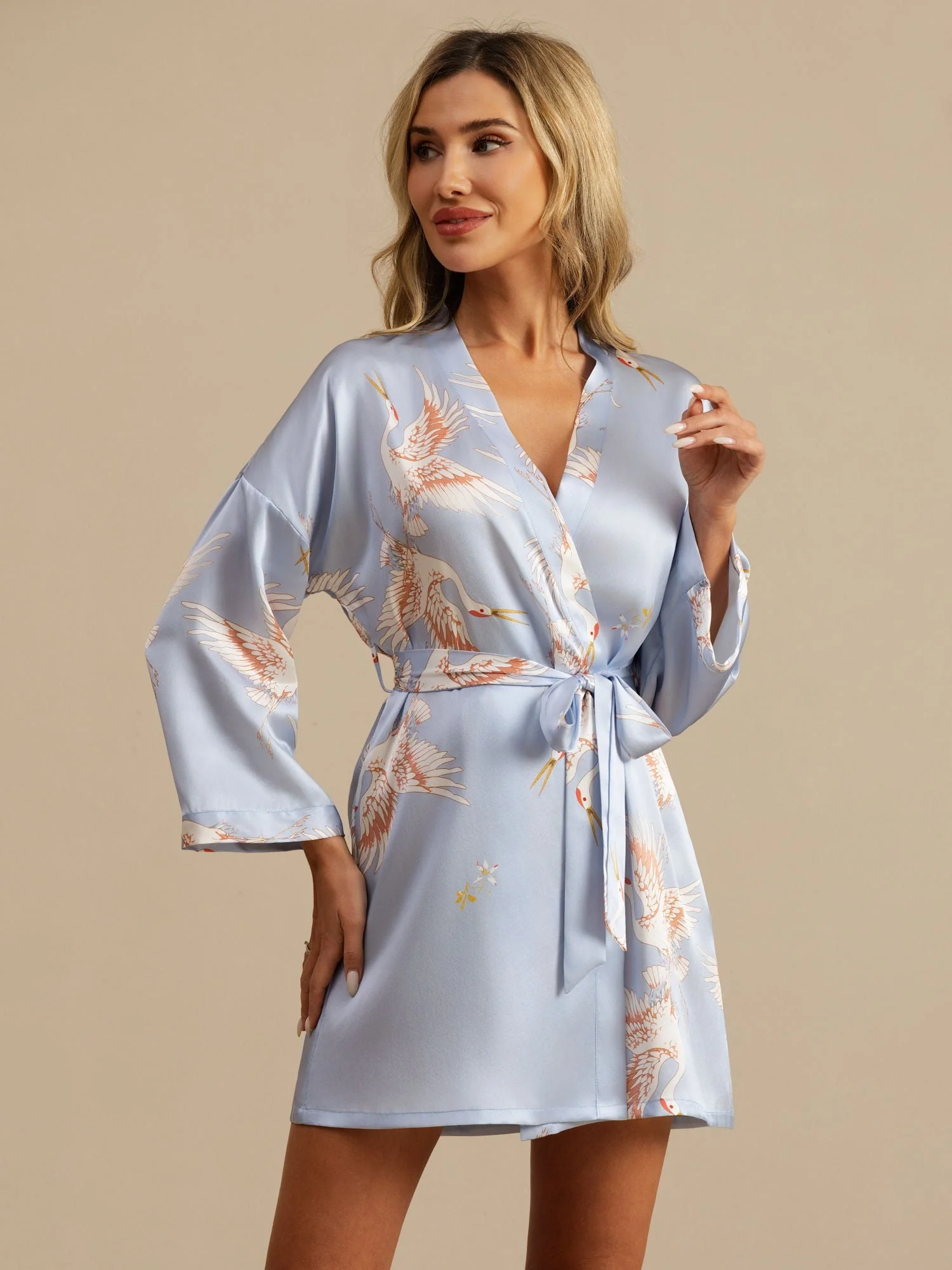 19Momme Pure Silk Crane Print 3/4 Sleeve Short Women's Kimono Robe with Wrap Design - Image 24