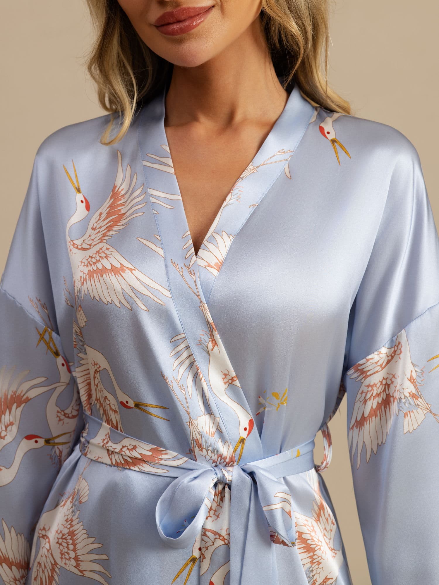 19Momme Pure Silk Crane Print 3/4 Sleeve Short Women's Kimono Robe with Wrap Design - Image 28