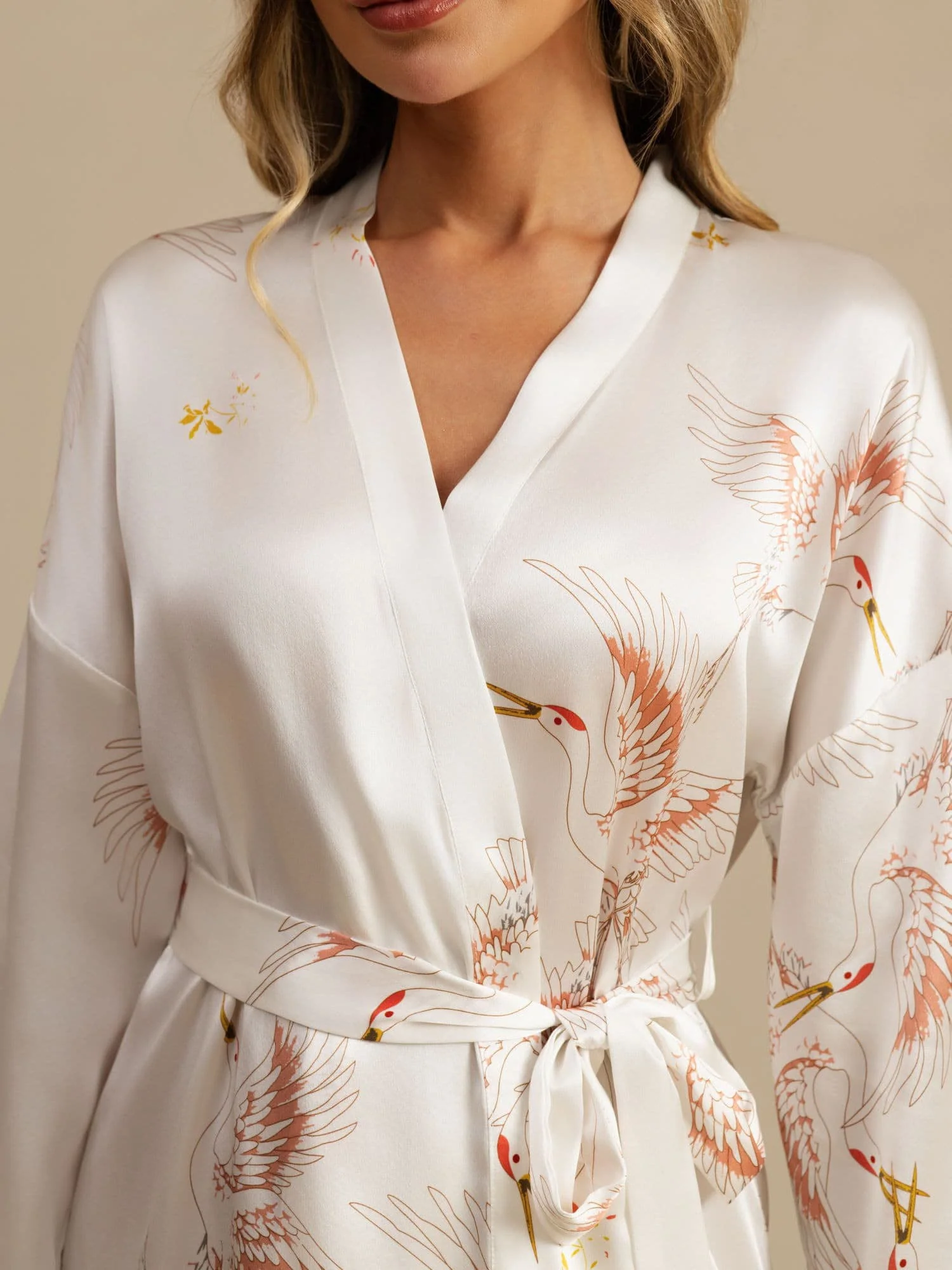 19Momme Pure Silk Crane Print 3/4 Sleeve Short Women's Kimono Robe with Wrap Design - Image 35