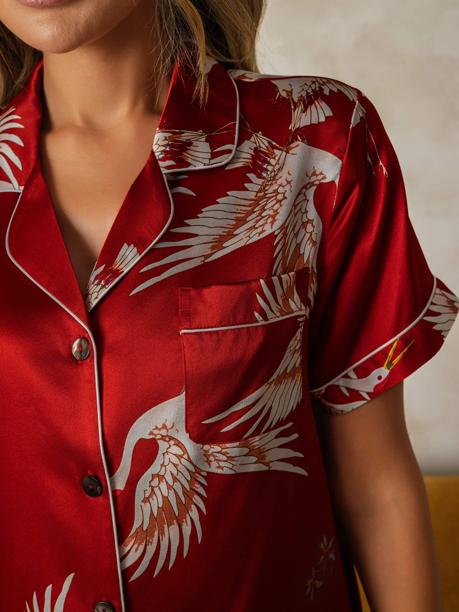 19Momme Women's Pure Silk Crane Print Short Sleeve Notch Collar Pyjamas Set - Image 11