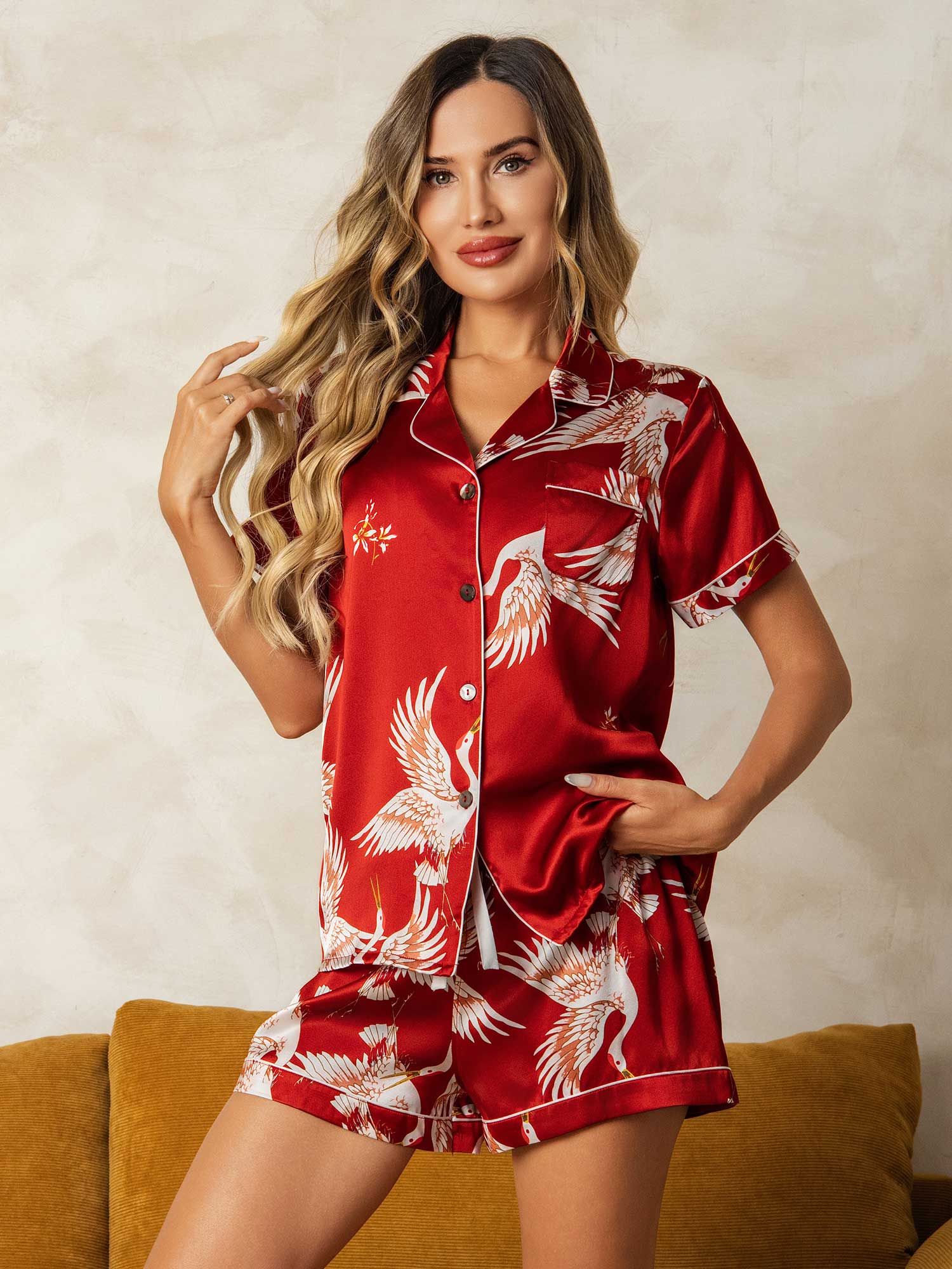 19Momme Women's Pure Silk Crane Print Short Sleeve Notch Collar Pyjamas Set - Image 12