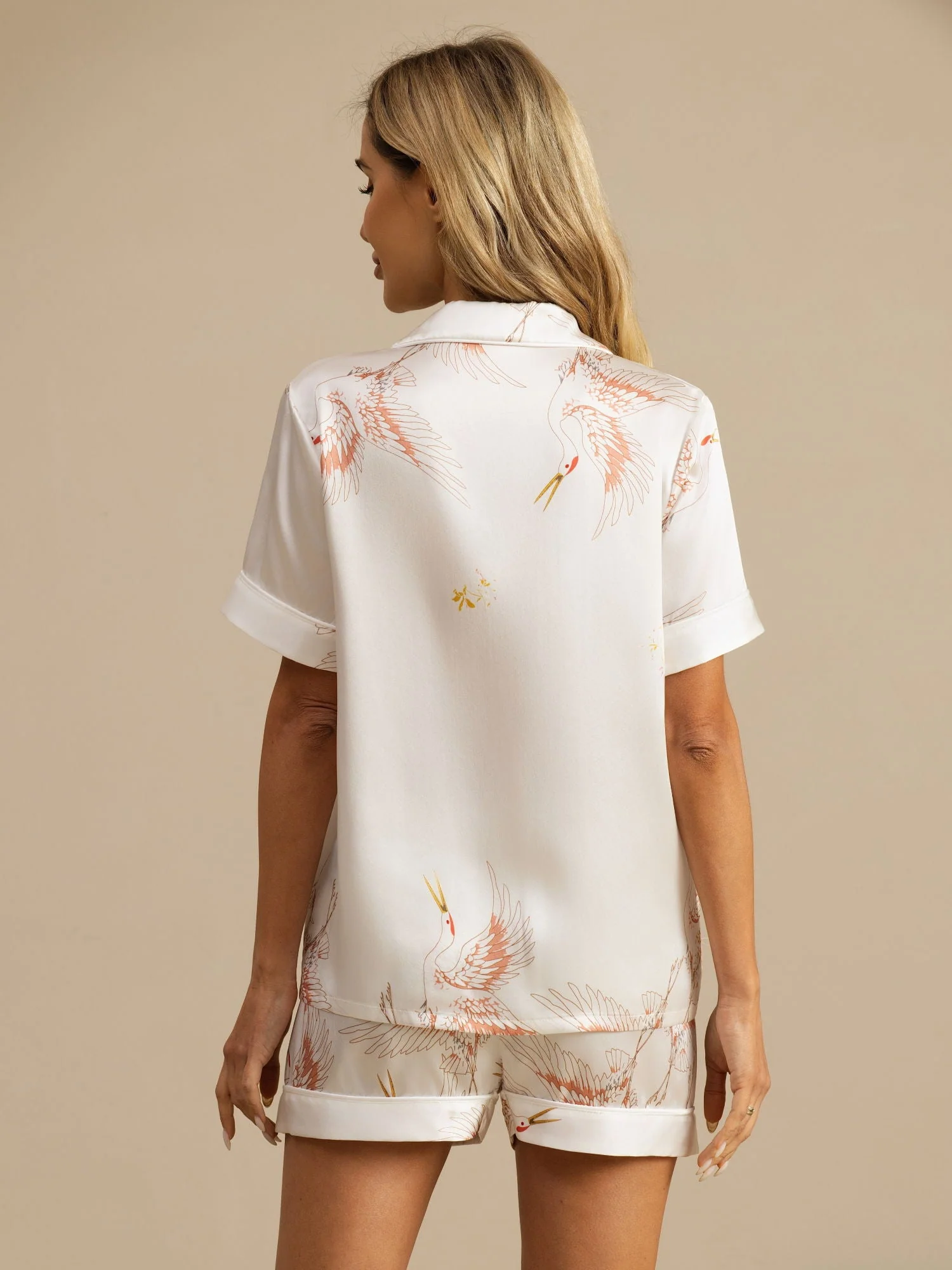 19Momme Women's Pure Silk Crane Print Short Sleeve Notch Collar Pyjamas Set - Image 23