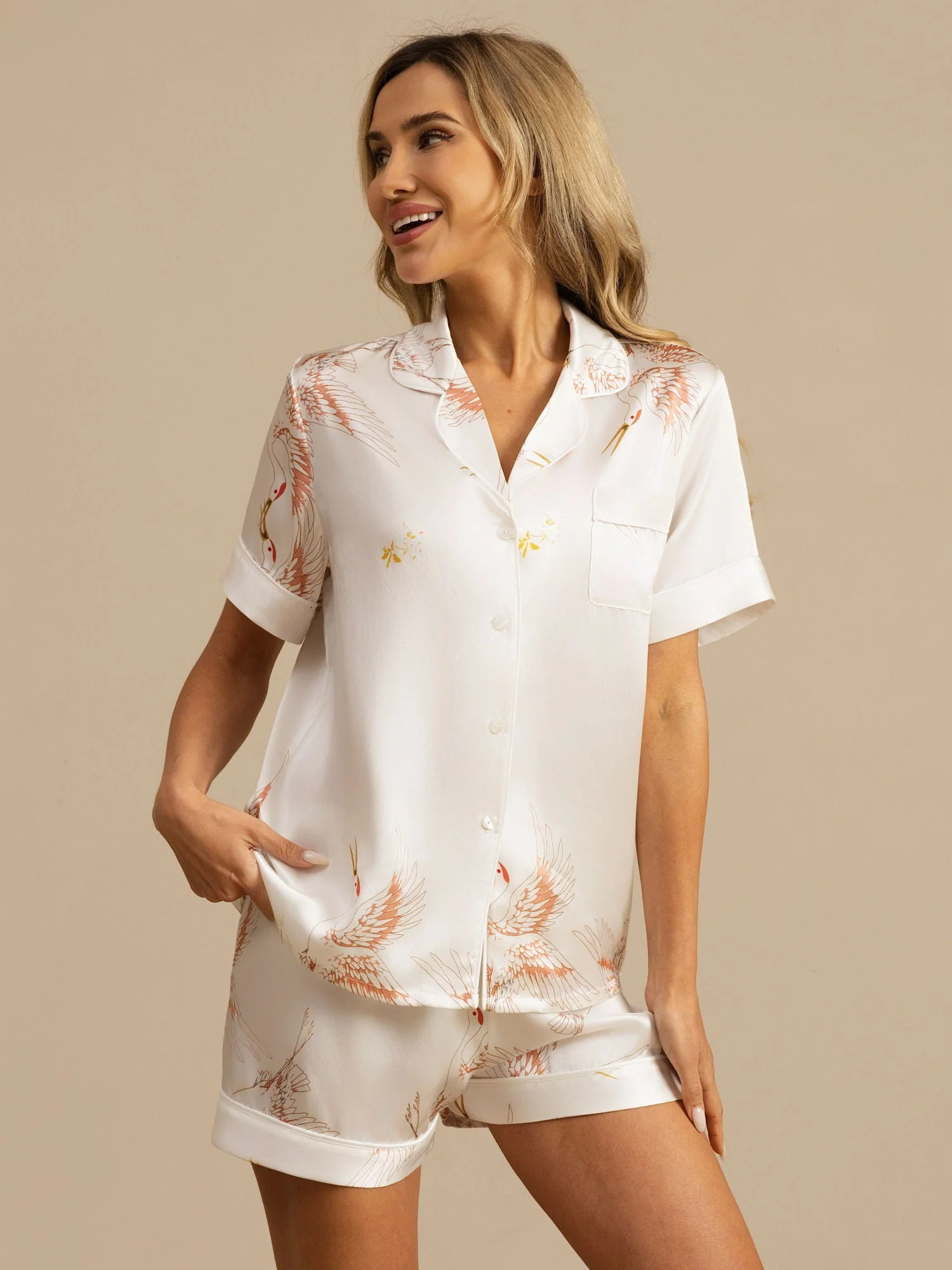 19Momme Women's Pure Silk Crane Print Short Sleeve Notch Collar Pyjamas Set - Image 25