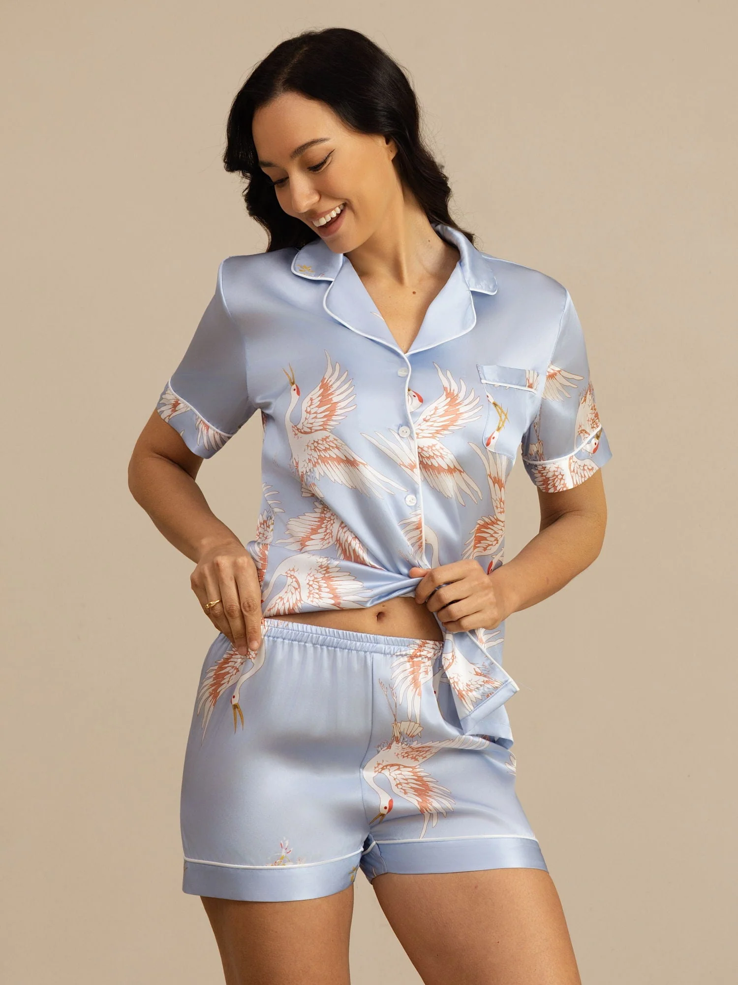 19Momme Women's Pure Silk Crane Print Short Sleeve Notch Collar Pyjamas Set - Image 29