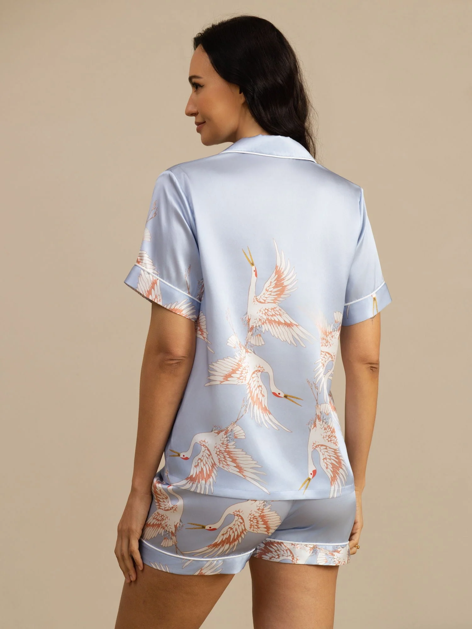 19Momme Women's Pure Silk Crane Print Short Sleeve Notch Collar Pyjamas Set - Image 30