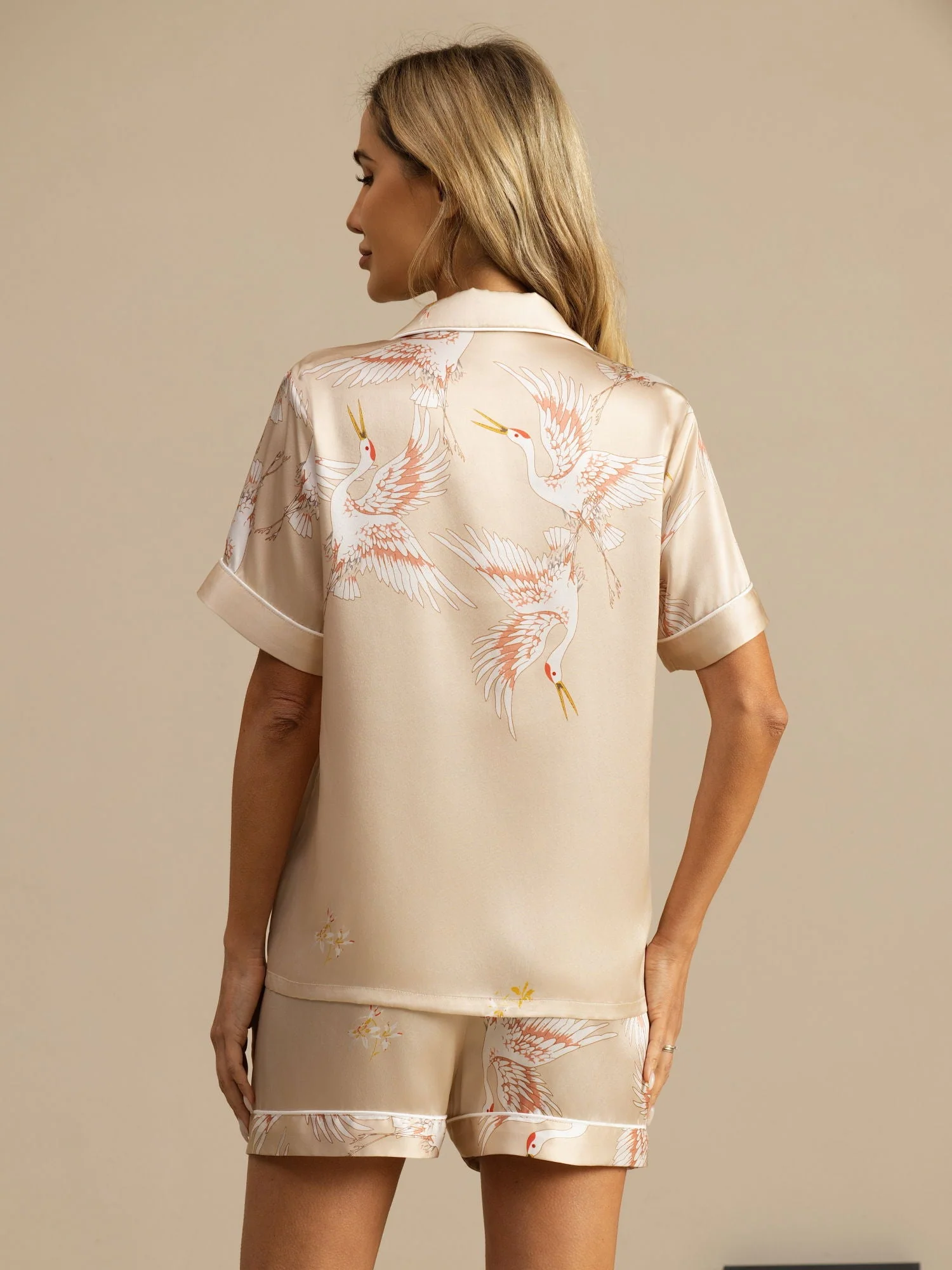 19Momme Women's Pure Silk Crane Print Short Sleeve Notch Collar Pyjamas Set - Image 37