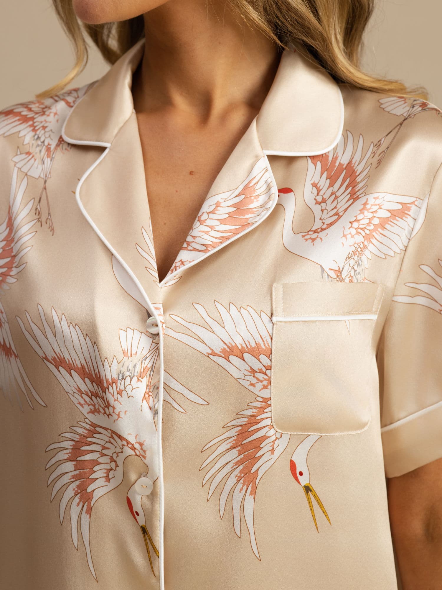 19Momme Women's Pure Silk Crane Print Short Sleeve Notch Collar Pyjamas Set - Image 40